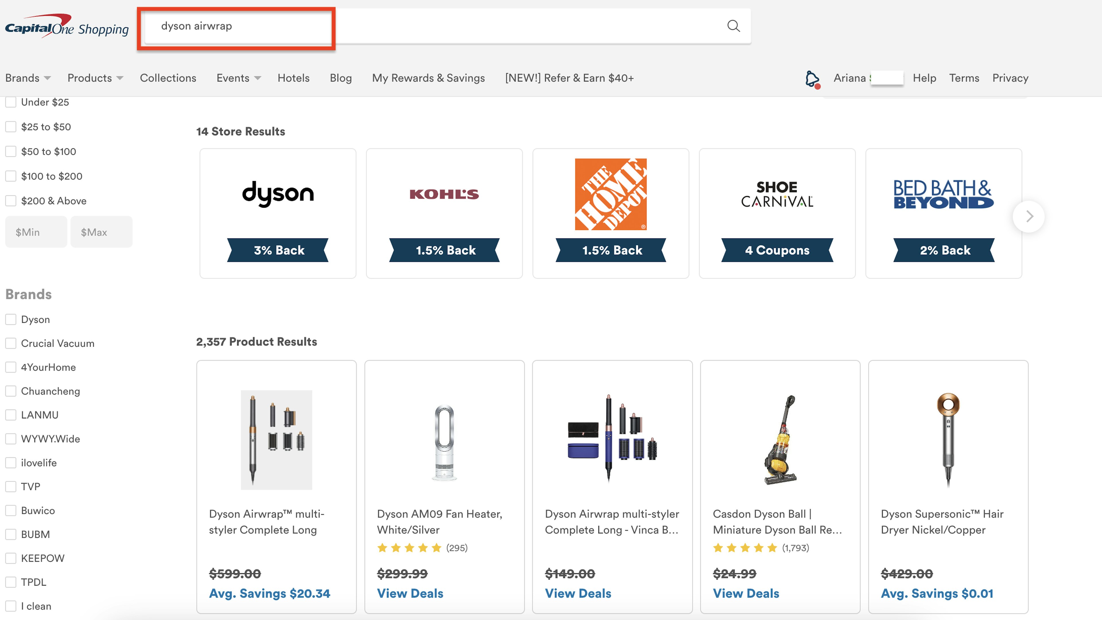 Capital One Shopping results page