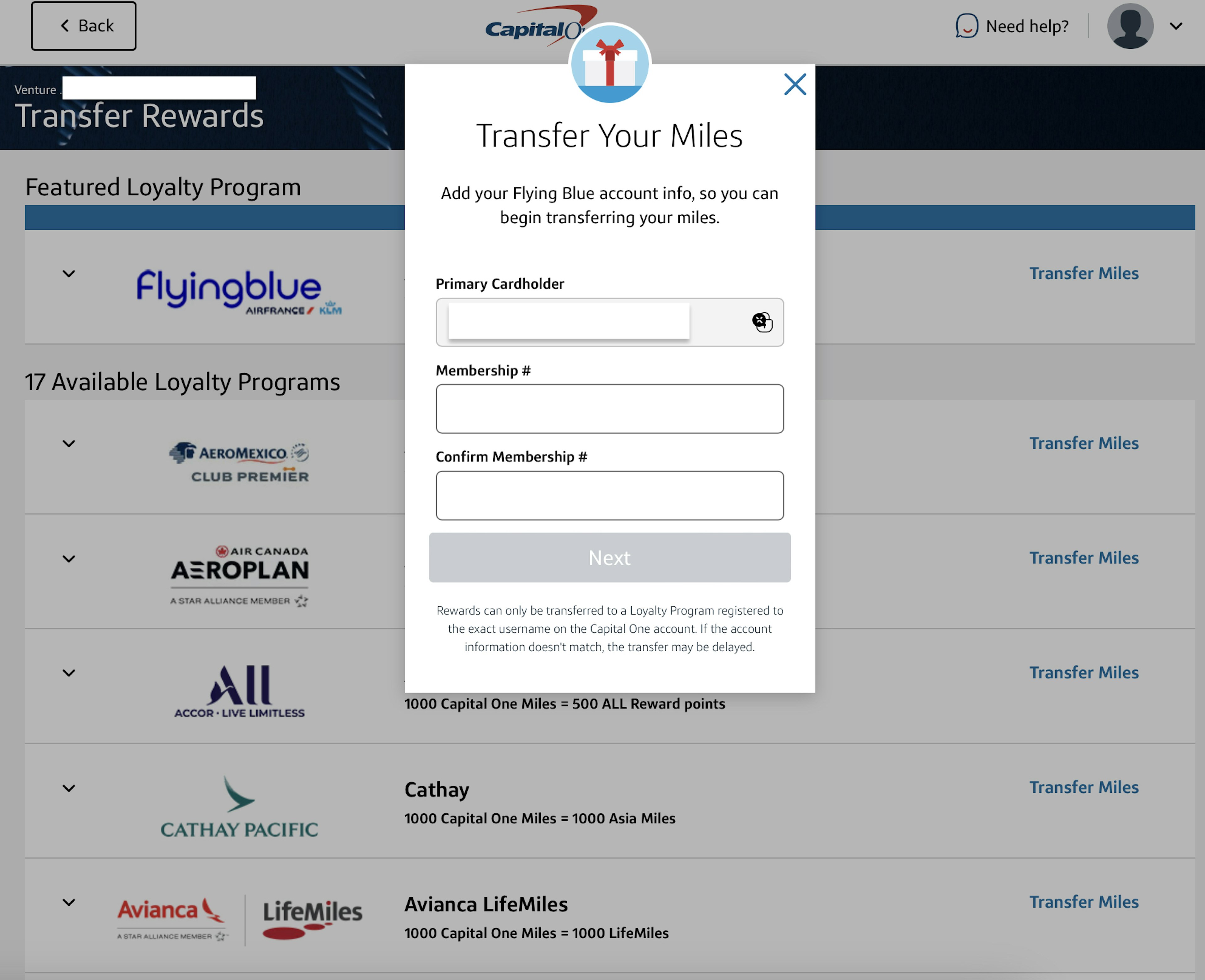 Capital One transfer miles step 4