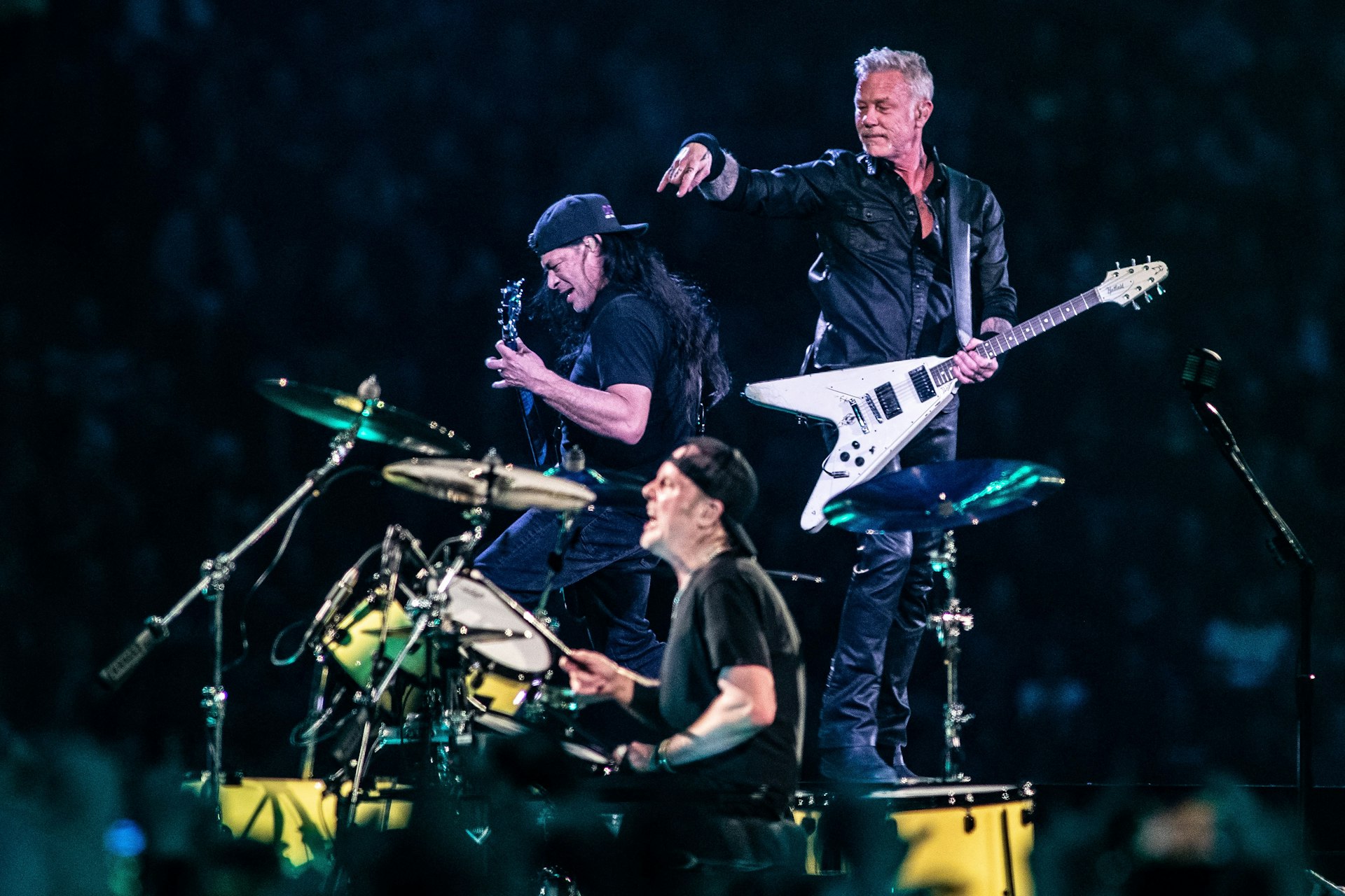 Metallica with bassist Robert Trujillo (L), singer and guitarist James Hetfield and drummer Lars Ulrich, performing on stage in Amsterdam, the Netherlands