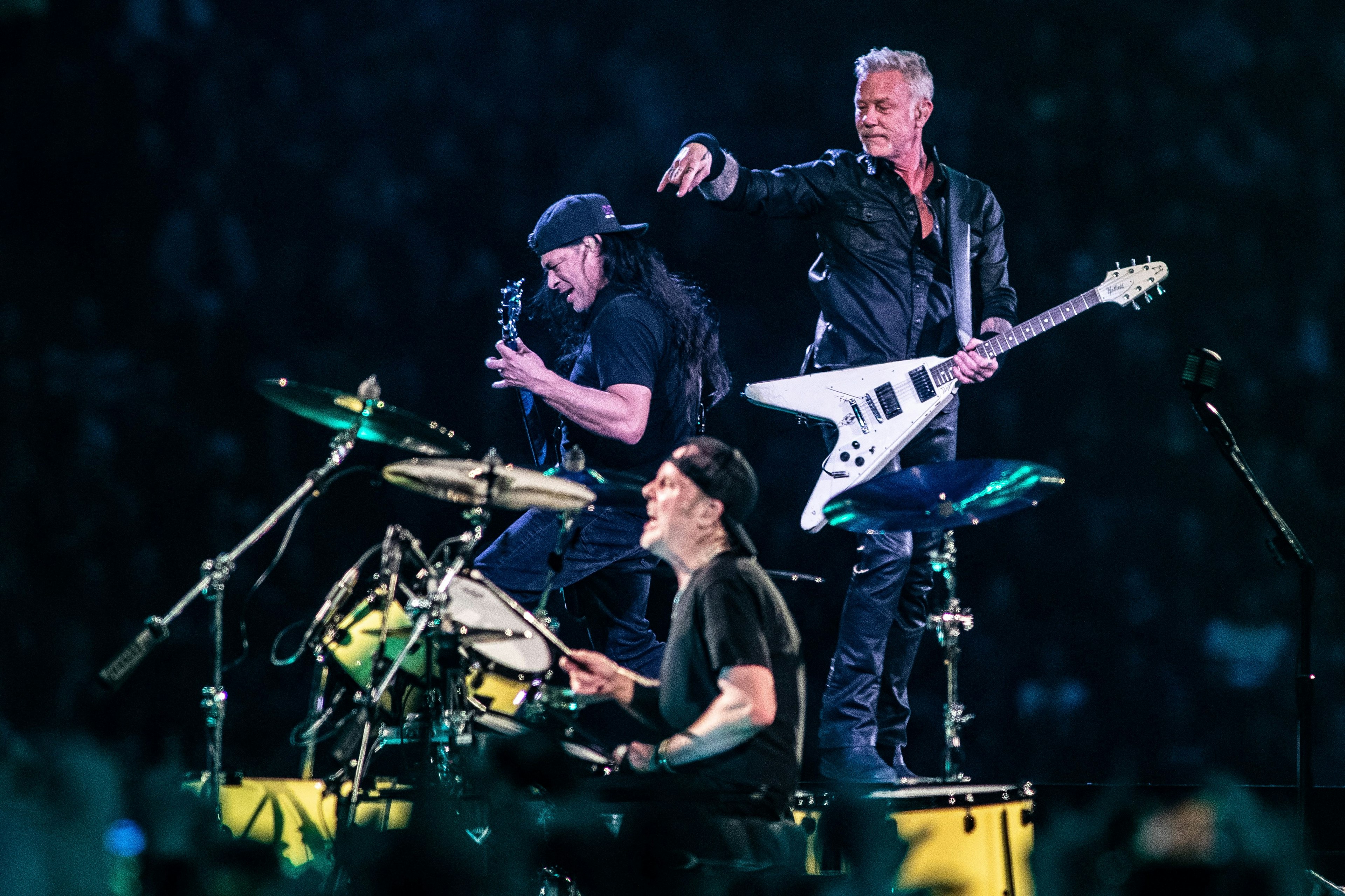 Metallica with bassist Robert Trujillo (L), singer and guitarist James Hetfield and drummer Lars Ulrich, performing on stage in Amsterdam, the Netherlands