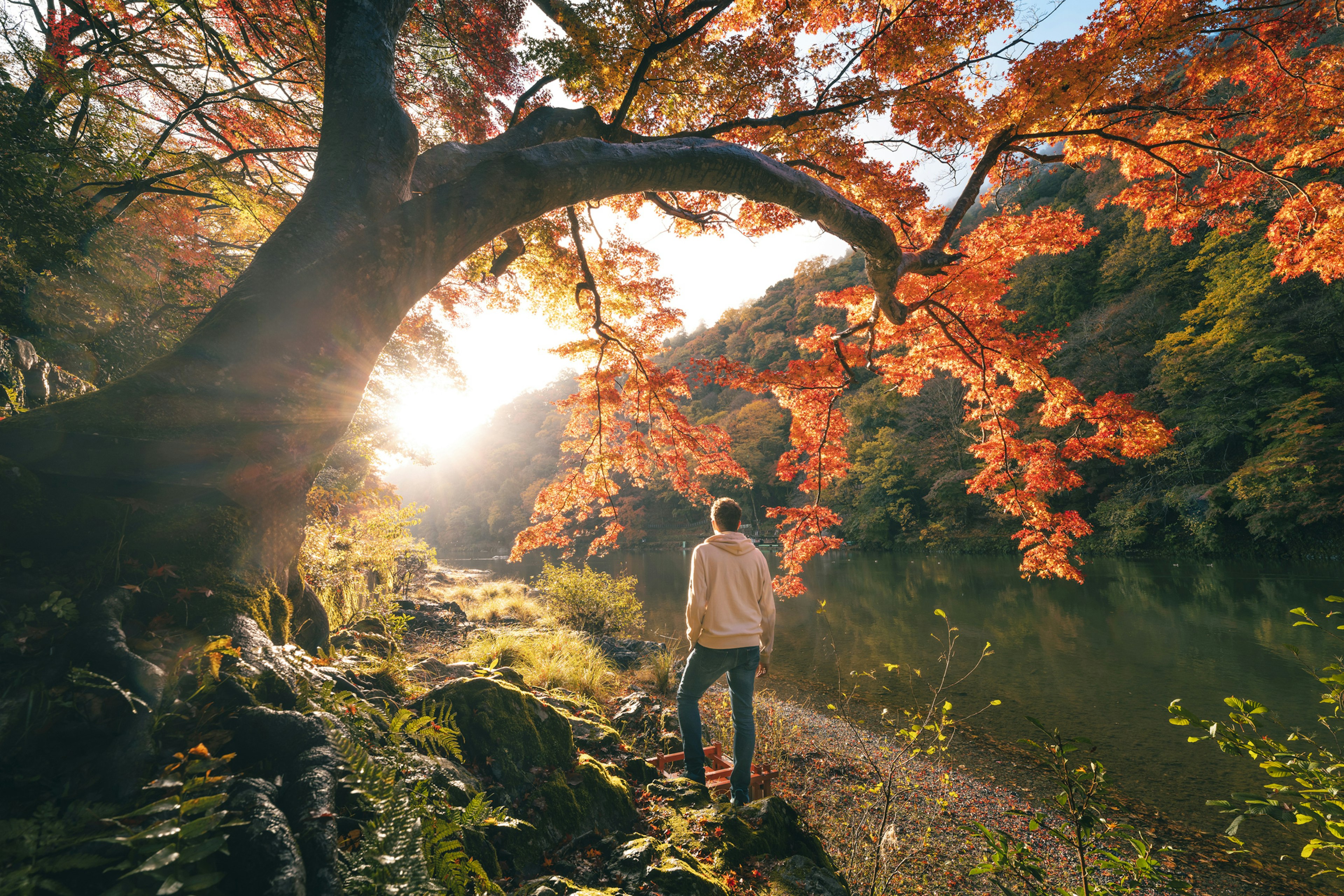 A man looks out across the Katsura River from a smooth rock and he is framed by autmnal leaves