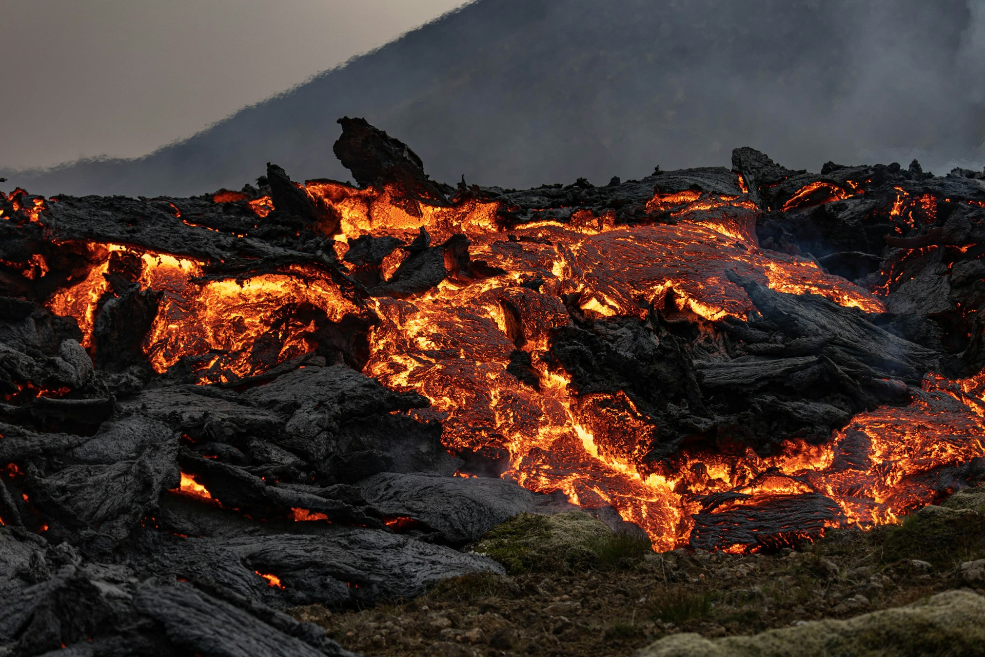Flowing lava during a volcanic eruption Litli-Hrútur in July, 2023.