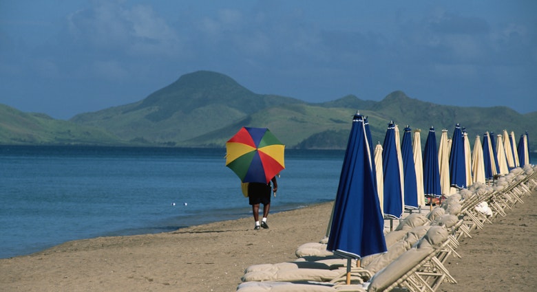 Beach chairs and umbrellas set on Pinney Beach, one of the nicest beaches on the small Caribbean island of Nevis.
523662802
one person:CB2, marine scene:CB2, recreation:CB2, travel:CB2, Nevis:CB2, travel & tourism:CB2