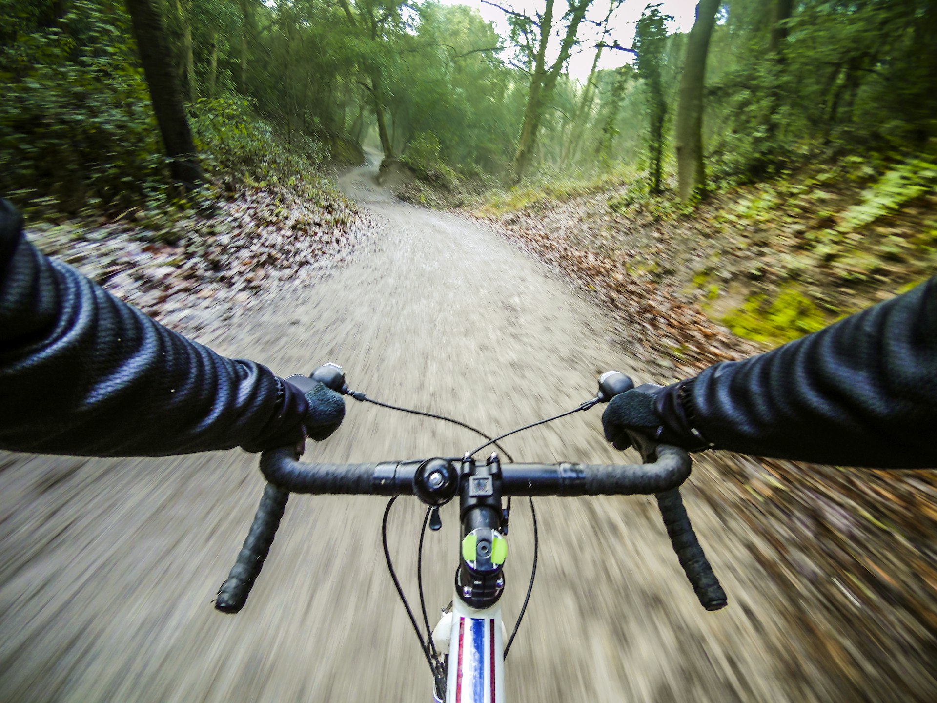 An onboard camera captures the moment when a cyclist rides through the forests of Collserola, a natural park near the city of Barcelona.