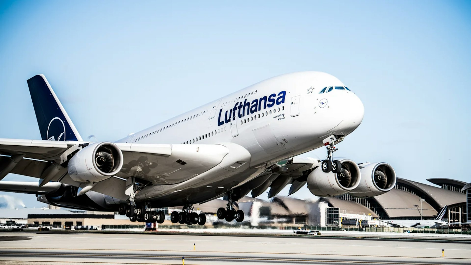 A Lufthansa A380 taking off