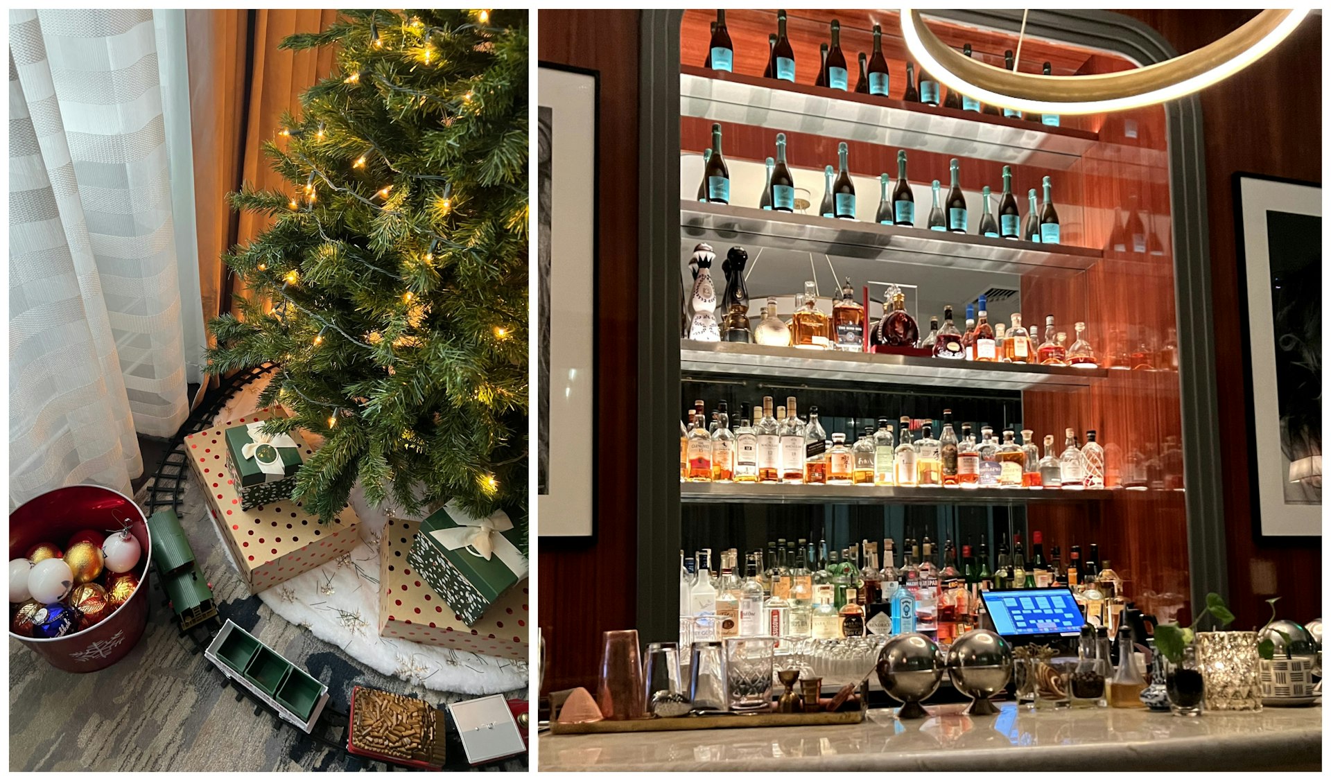 Collage of hotel interior, the left image shows a christmas tree in a bedroom, the right image shows the hotel bar