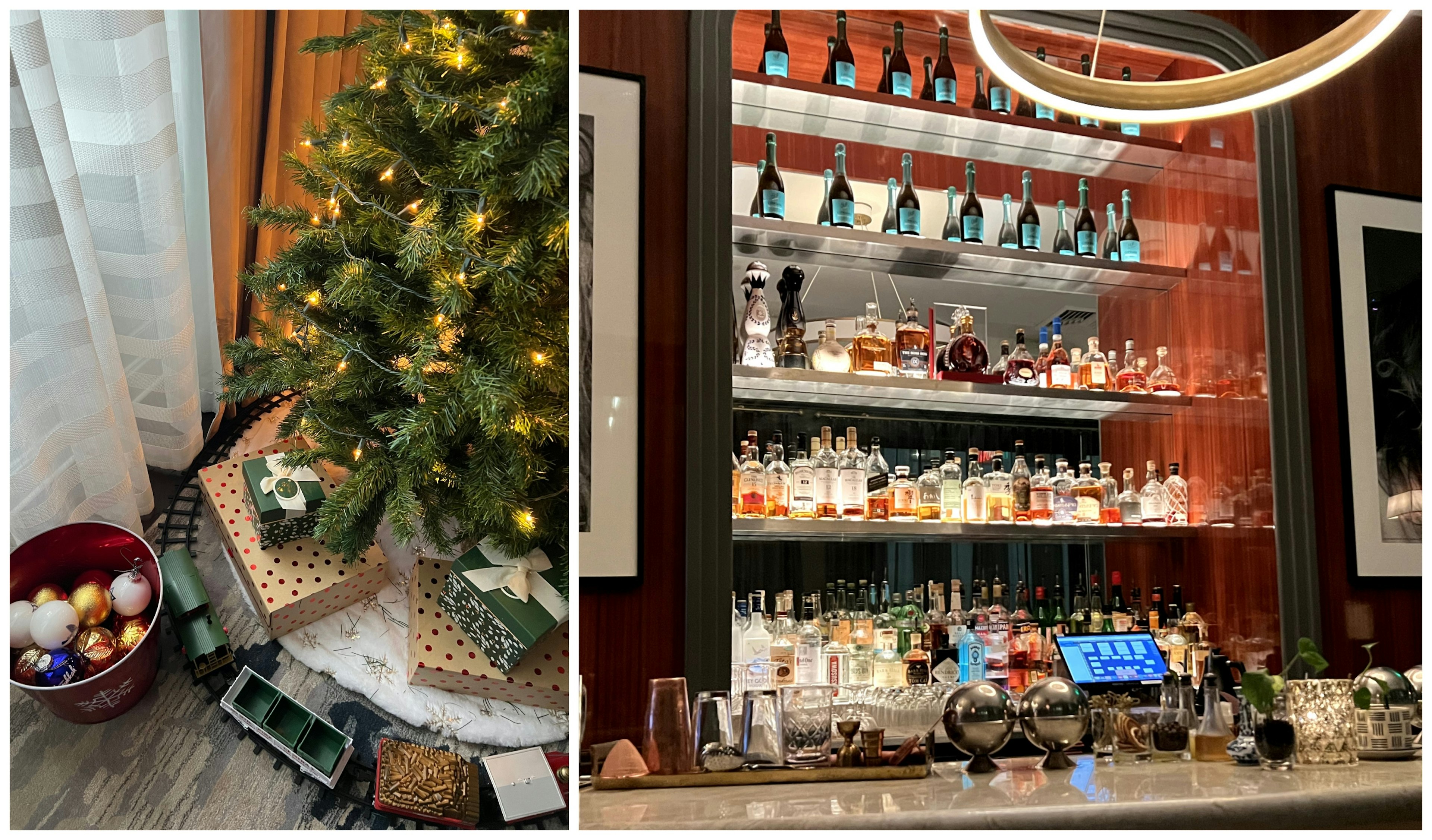 Collage of hotel interior, the left image shows a christmas tree in a bedroom, the right image shows the hotel bar