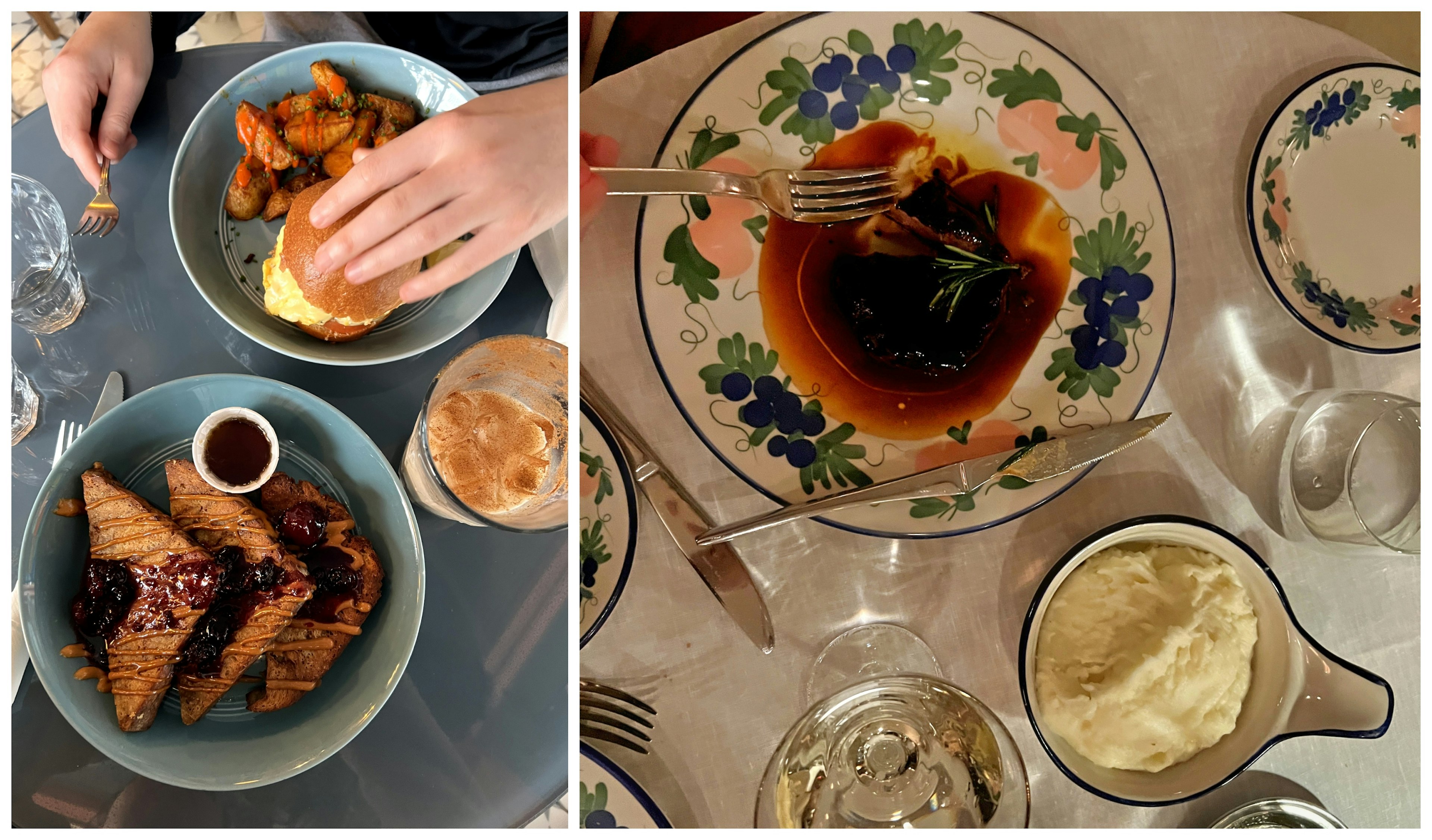 Close-up shots of an egg-and-cheese breakfast croissant and another of a fish fillet and potatoes with wine