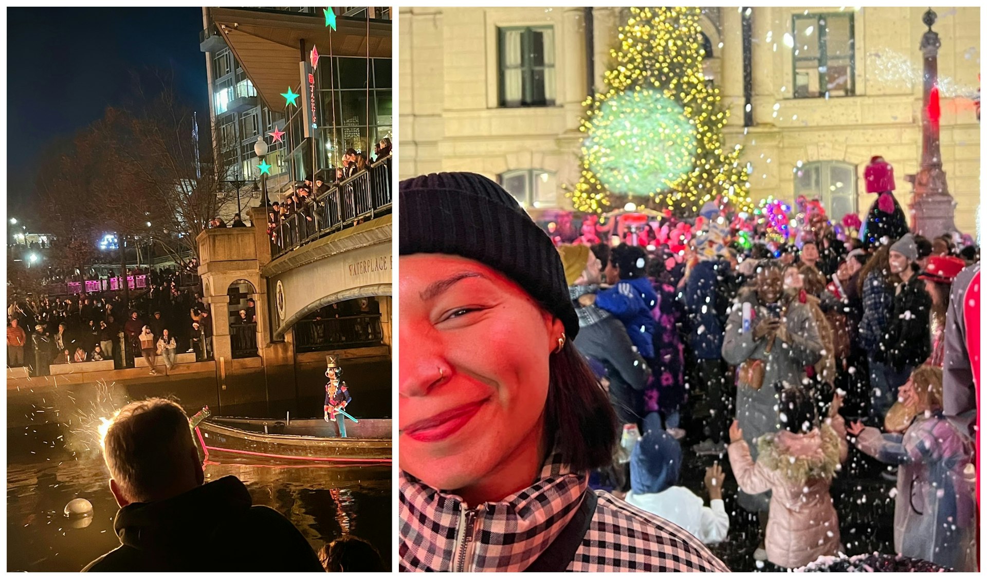 L: A Nutcracker performance on the river in Providence. R: A close-up of the writer Rachel in front of a Christmas tree