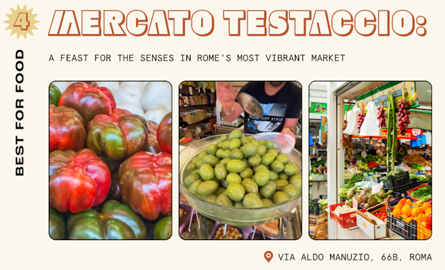Close-up shots of a market in Testaccio, Rome, featuring olives, tomatoes and colorful fresh fruit and vegetables