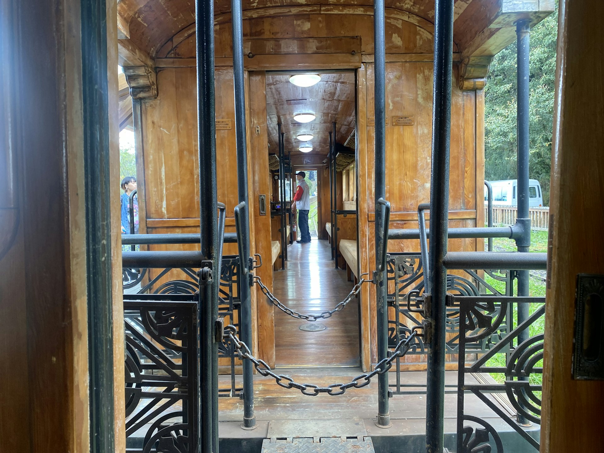 The interior of a historic carriage on the Alishan Forest Railway, Taiwan