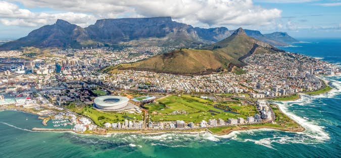Aerial view of Cape Town and the surrounding ocean and mountains