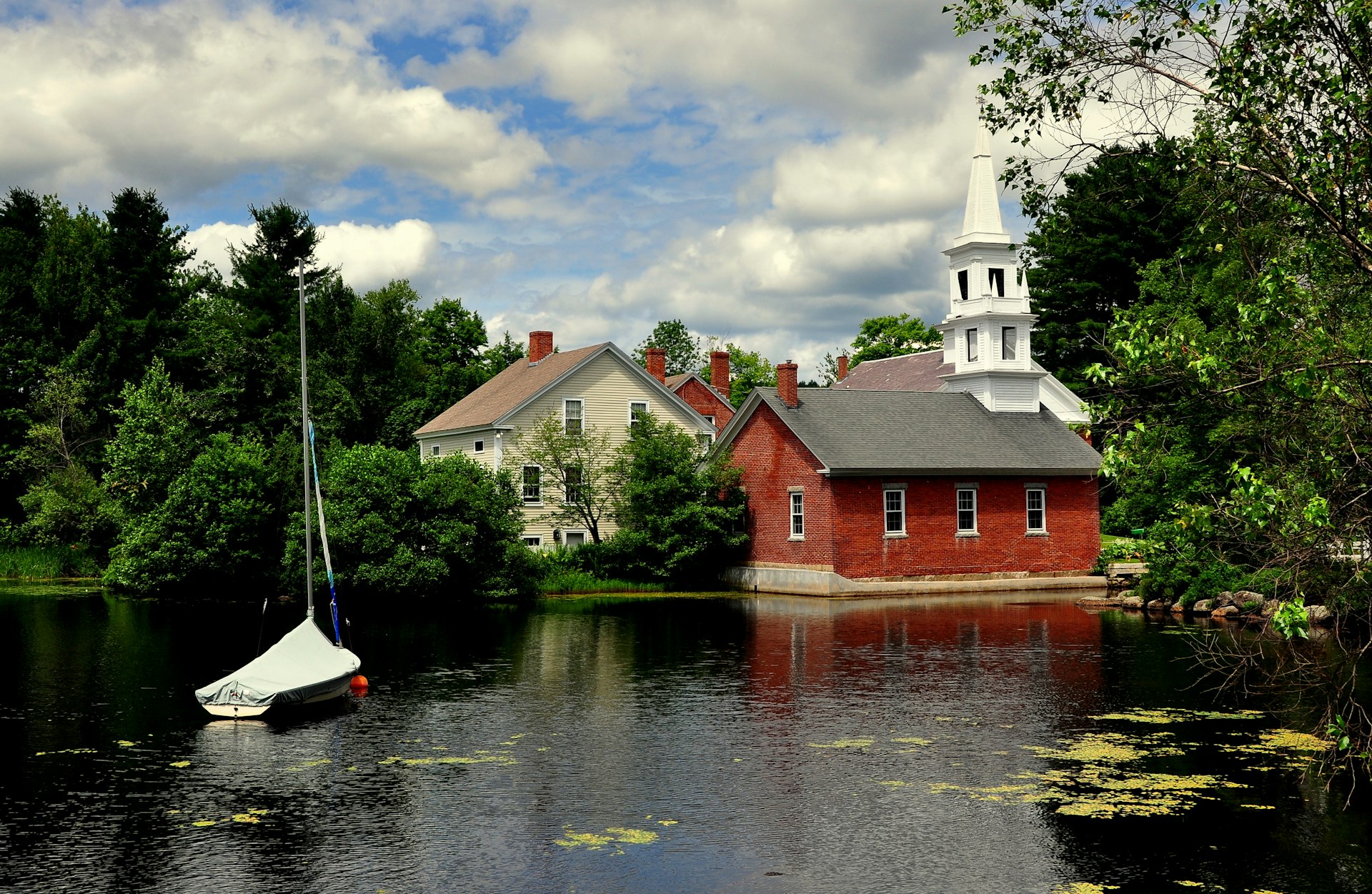 A library and church in Harrisville, New Hampshire, USA