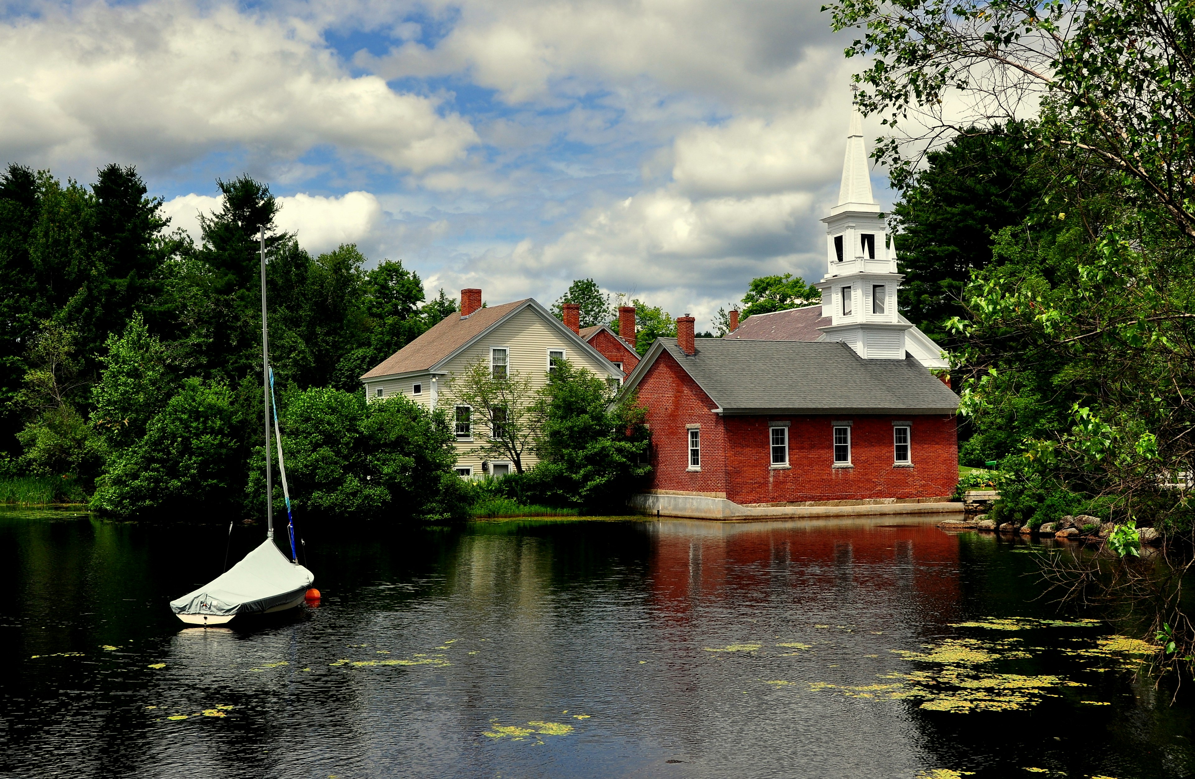 A library and church in Harrisville, New Hampshire, USA