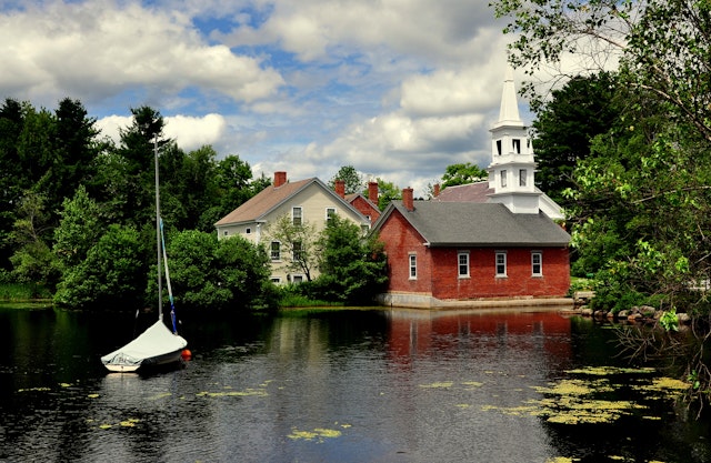 A library and church in Harrisville, New Hampshire, USA