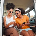 Women, road trip or phone for social media, gps location or map app for safari game drive or summer travel. Smile, happy or bonding friends with 5g mobile technology in camper van in nature landscape; Shutterstock ID 2212676737; full: 65050; gl: Online Editorial; netsuite: Getting around Jamaica; your: Jennifer Carey
2212676737
5g, africa, african, app, bond, bonding, break, camper, camper van, cellphone, drive, friend, friends, fun, game, gps, happiness, happy, holiday, internet, land, landscape, location, map, mobile, nature, nature landscape, online, outdoor, person, phone, relax, road, road trip, safari, smile, social media, summer, tech, technology, together, tourist, travel, trip, vacation, van, web, woman, women
Two women laughing together in the back of a 4WD in Jamaica