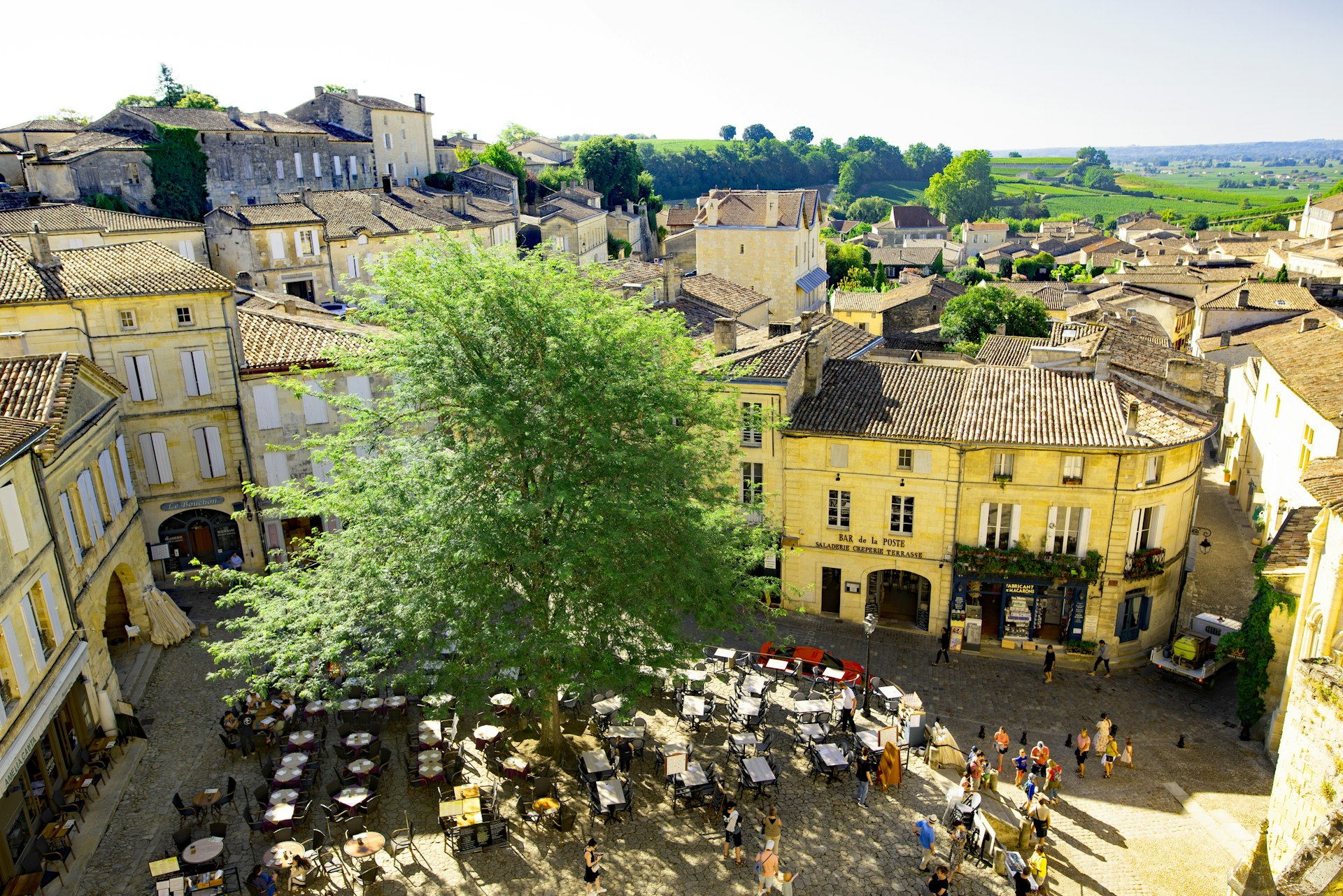 An aerial view of a terraced plaza in St-Émilion, Lobourne, France