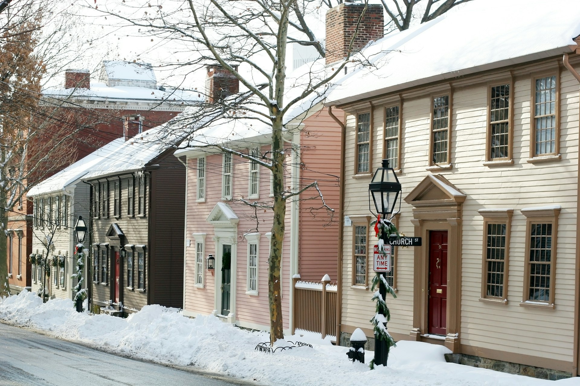 Historic houses in winter on Benefit St, Providence, Rhode Island, USA