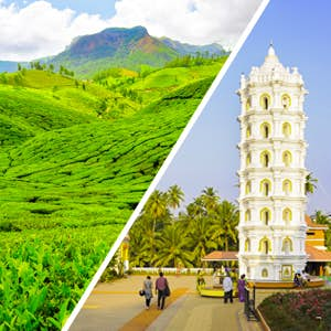 Lush green hills and a tower with people walking by