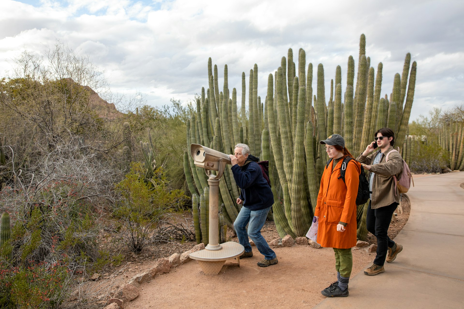 People look through a viewfinder among the cacti of the Desert Botanical Garden, Phoenix, Arizona, USA