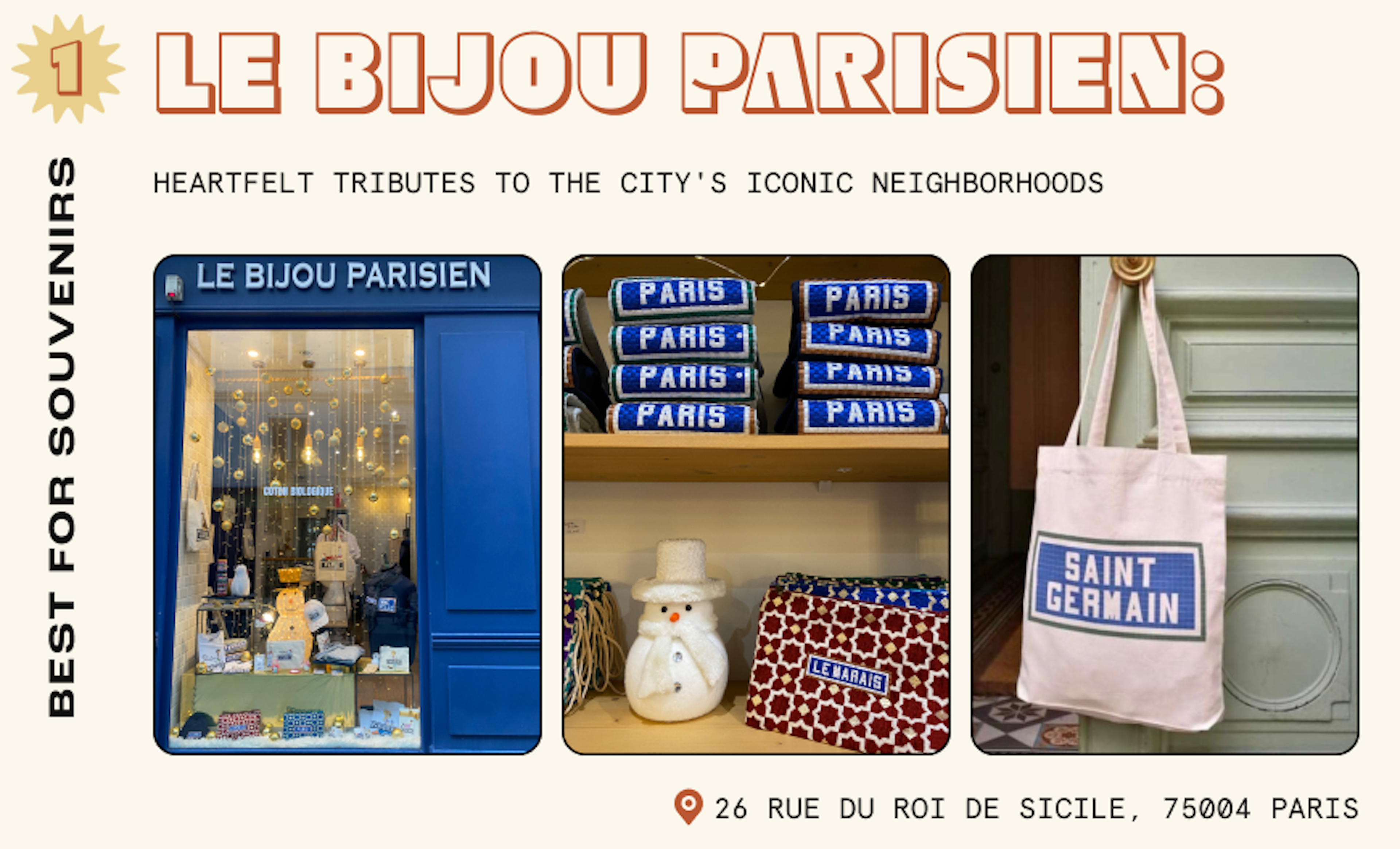 A store with tote bags and clothes emblazoned with Parisian neighborhood names on display