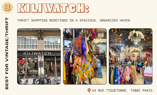 A thrift store in Paris with designer blouses, scarves and other accessories on display