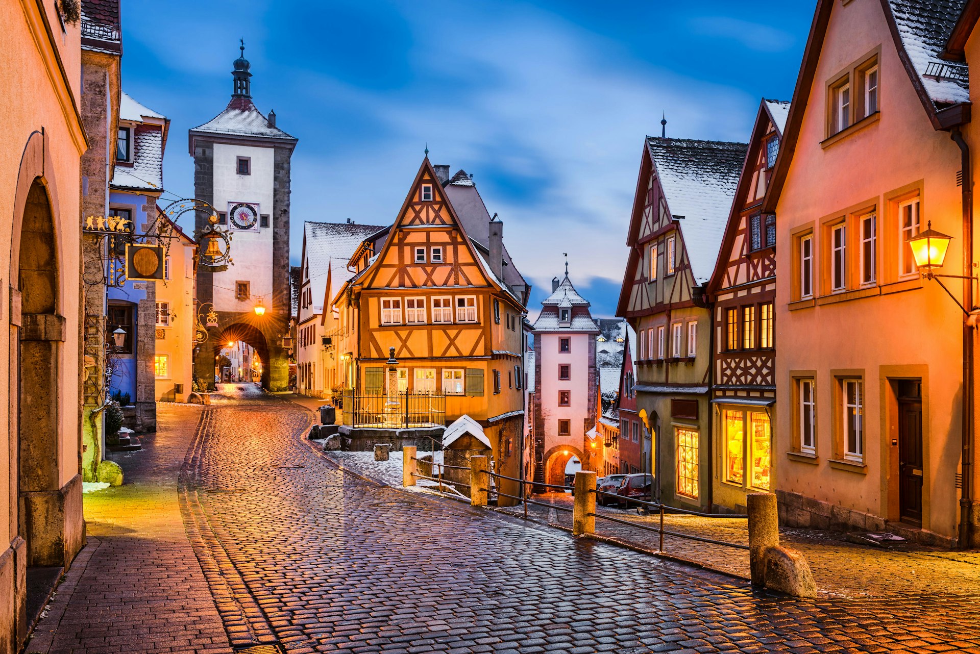 Medieval town of Rothenburg ob der Tauber at night, Bavaria, Germany