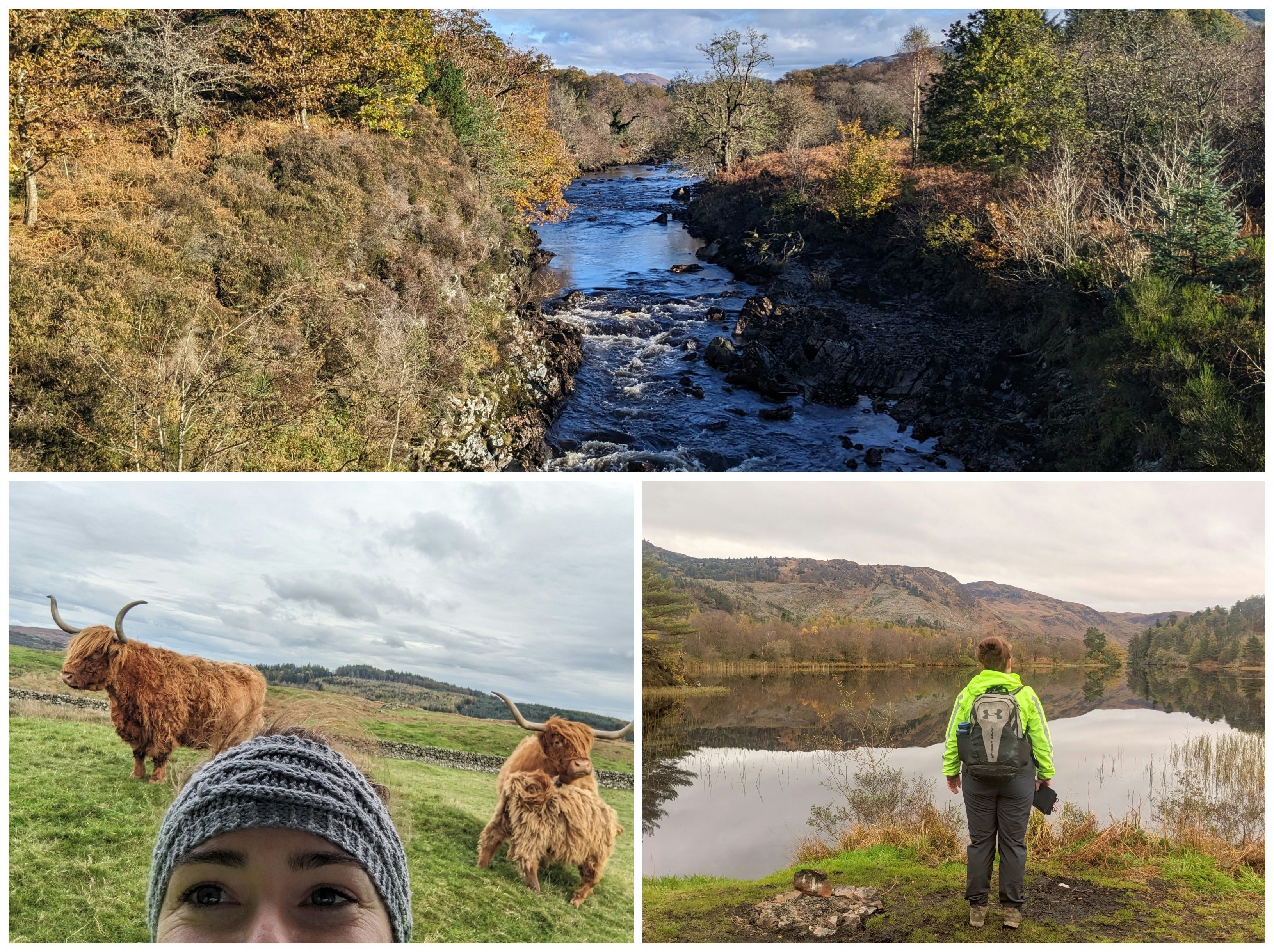 Amy in her high-vis hiking gear posing with alpacas and standing by the water on an autumn day in Dumfries and Galloway