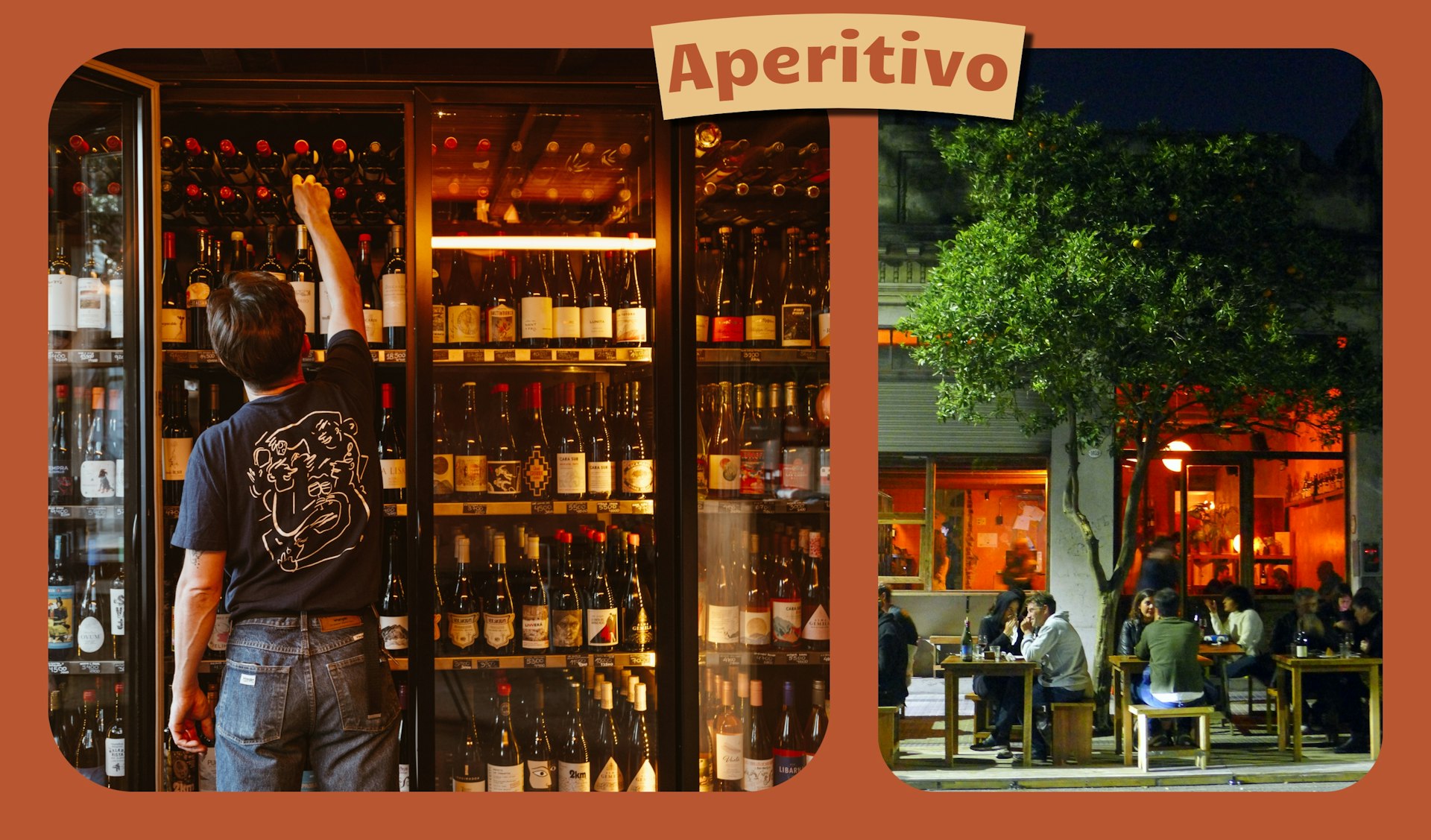 L: A man adds a bottle of wine to a shelf of wine in a Buenos Aires wine bar. R: People sit on benches on a bar terrace drinking wine