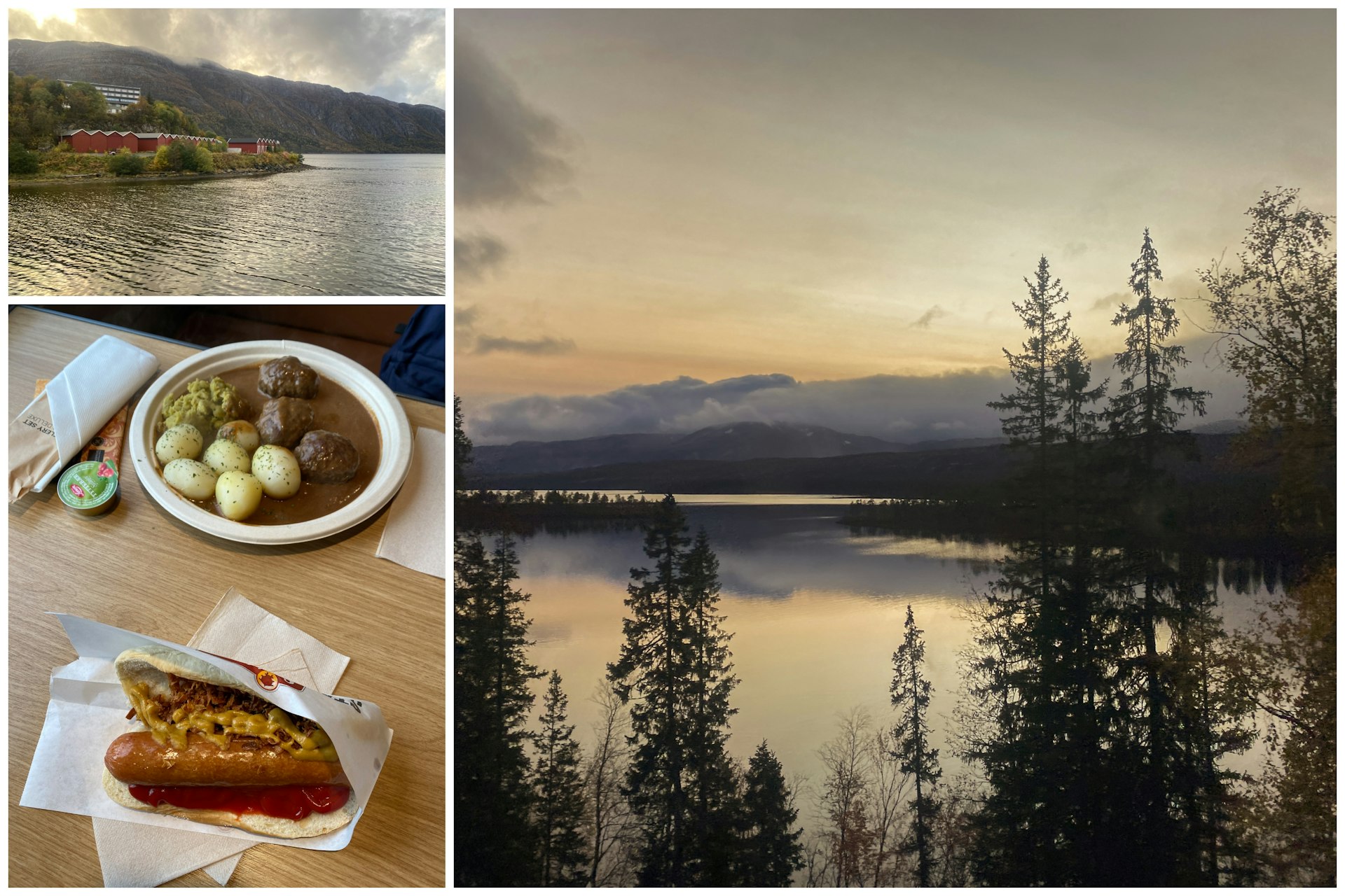 A collage of images from a train journey through the Arctic Circle including sunset over a lake and a dinner onboard the train featuring stew and a hot dog