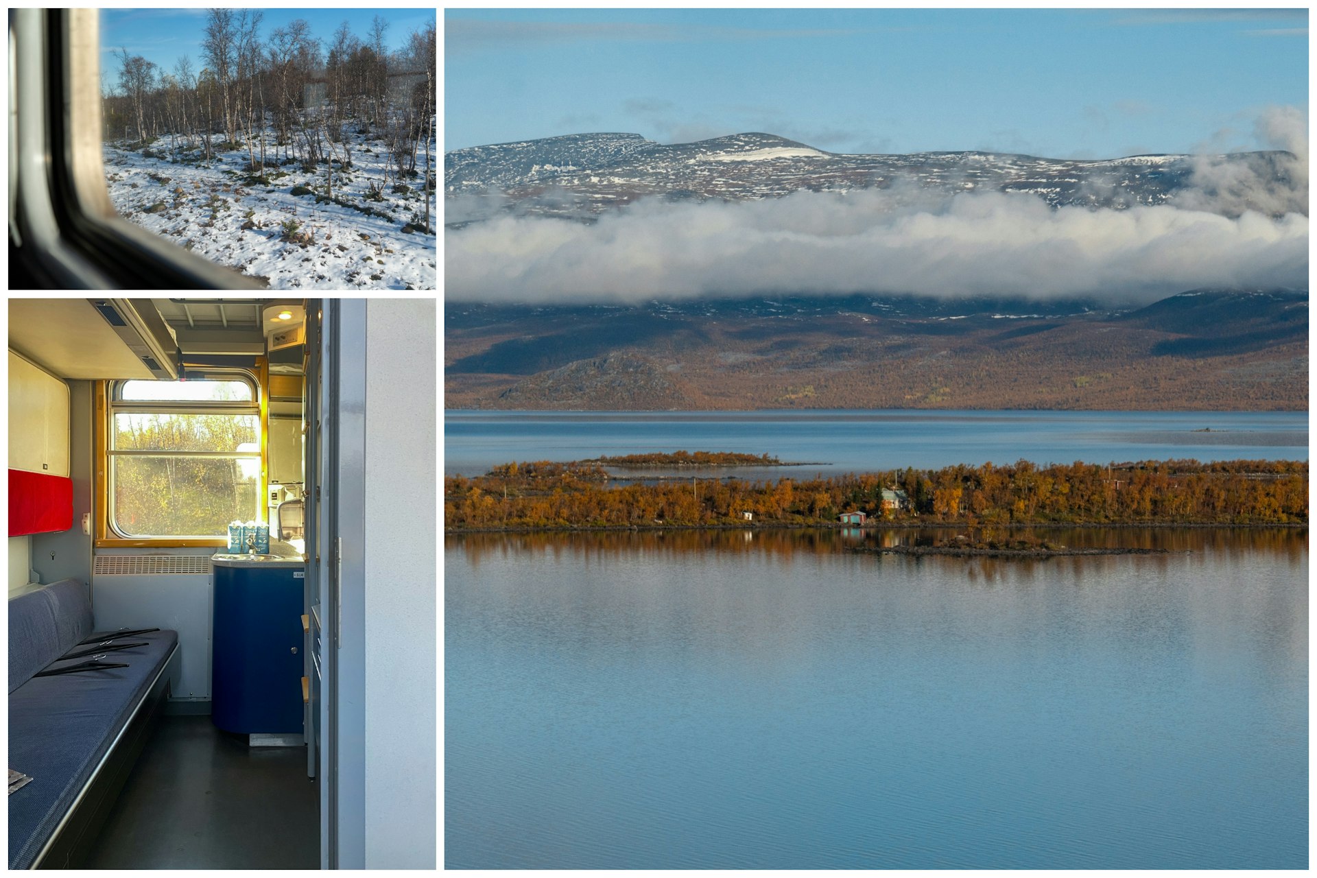 A collage of images from a train journey through the Arctic Circle including snowy landscapes and a sleeper carriage