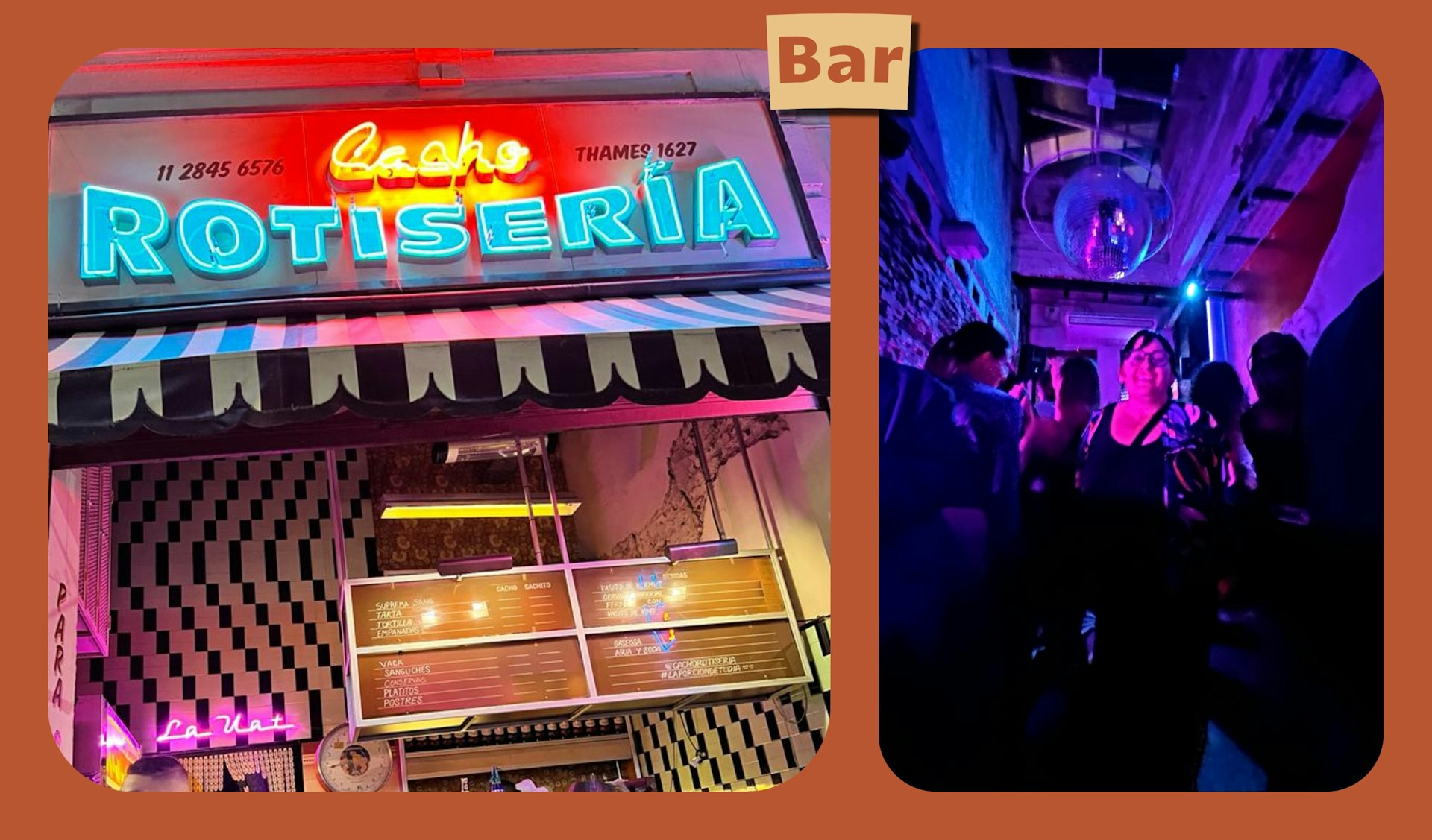 L: Neon-lit entry to a retro-style bar in Buenos Aires. R: The author dances in the dimly lit bar
