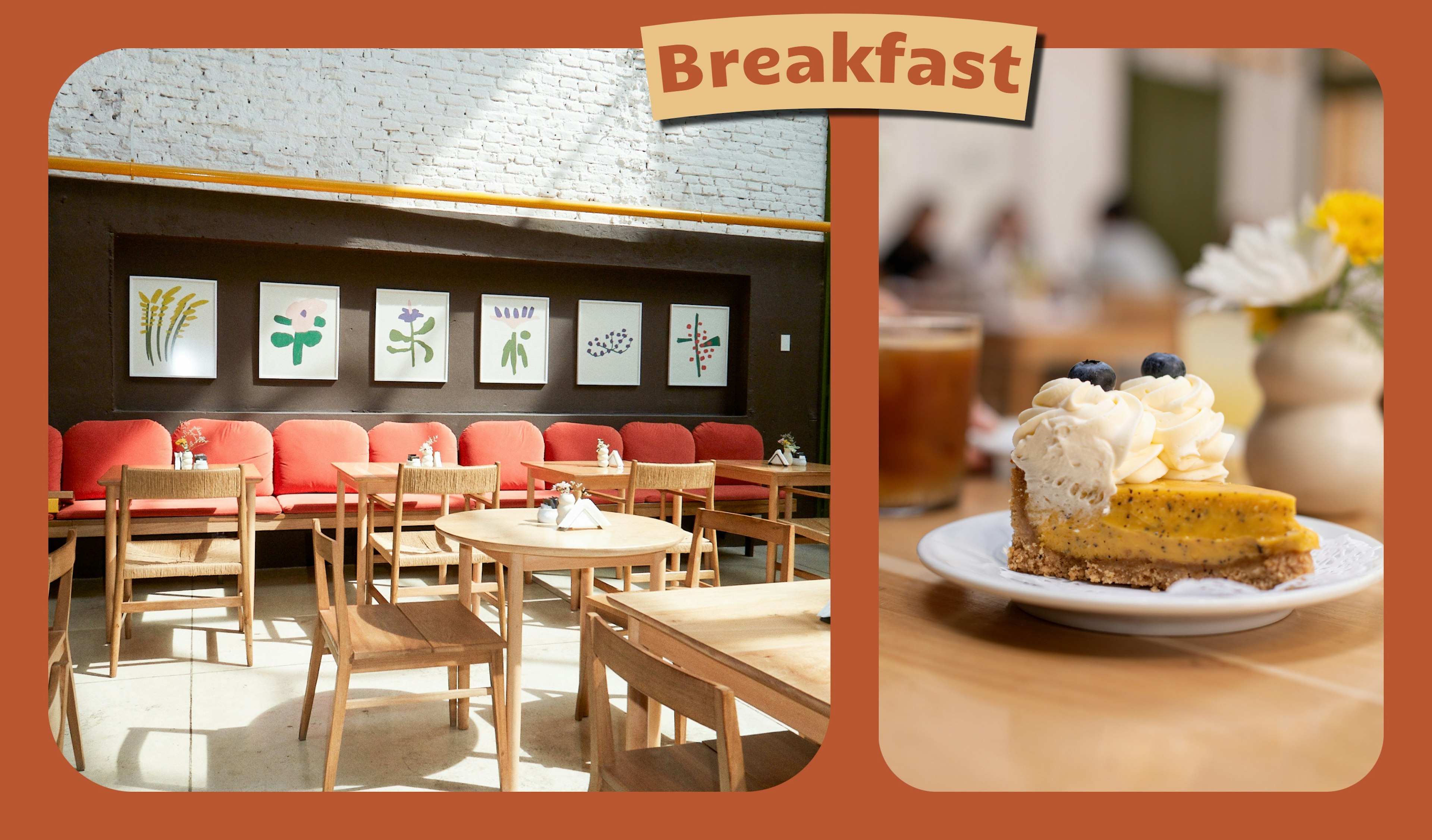 L: Brightly-lit and trendy interior of a Buenos Aires cafe R: A coffee and croissant displayed on a table