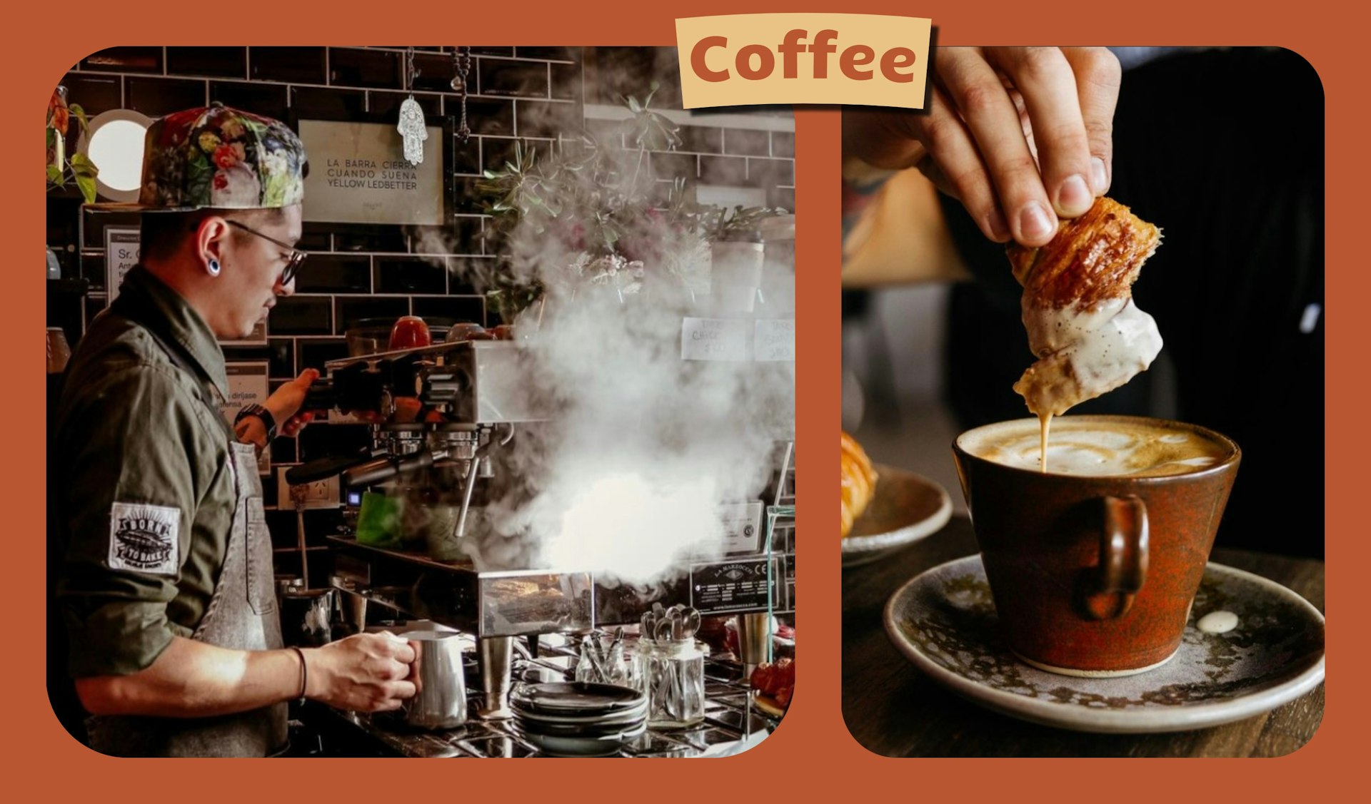 L: A barista prepares coffee in a dimly-lit cafe. R: A person dips a croissant into a creamty cup of coffee