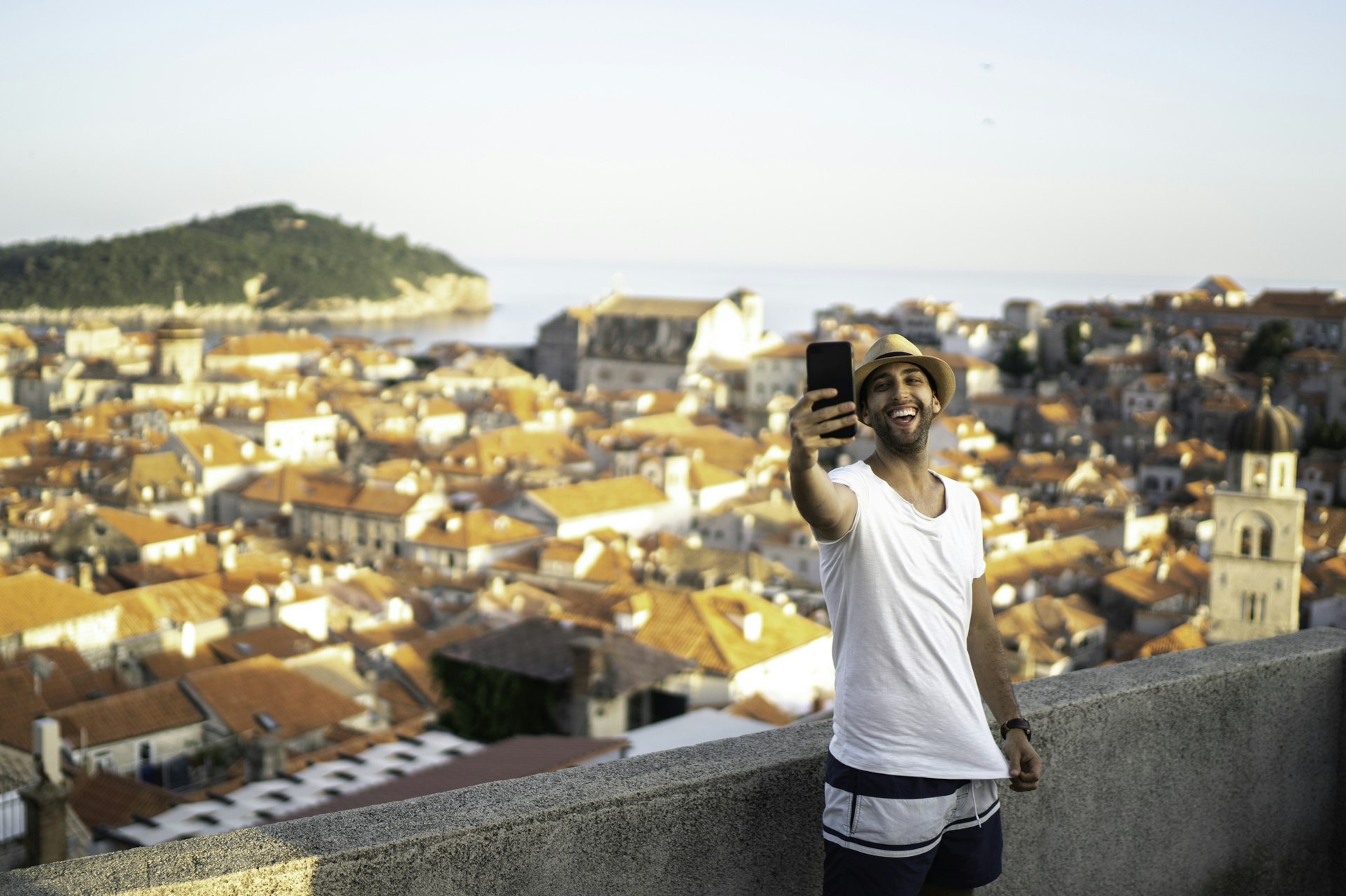 High angle view of a man taking a selfie in Dubrovnik, Croatia