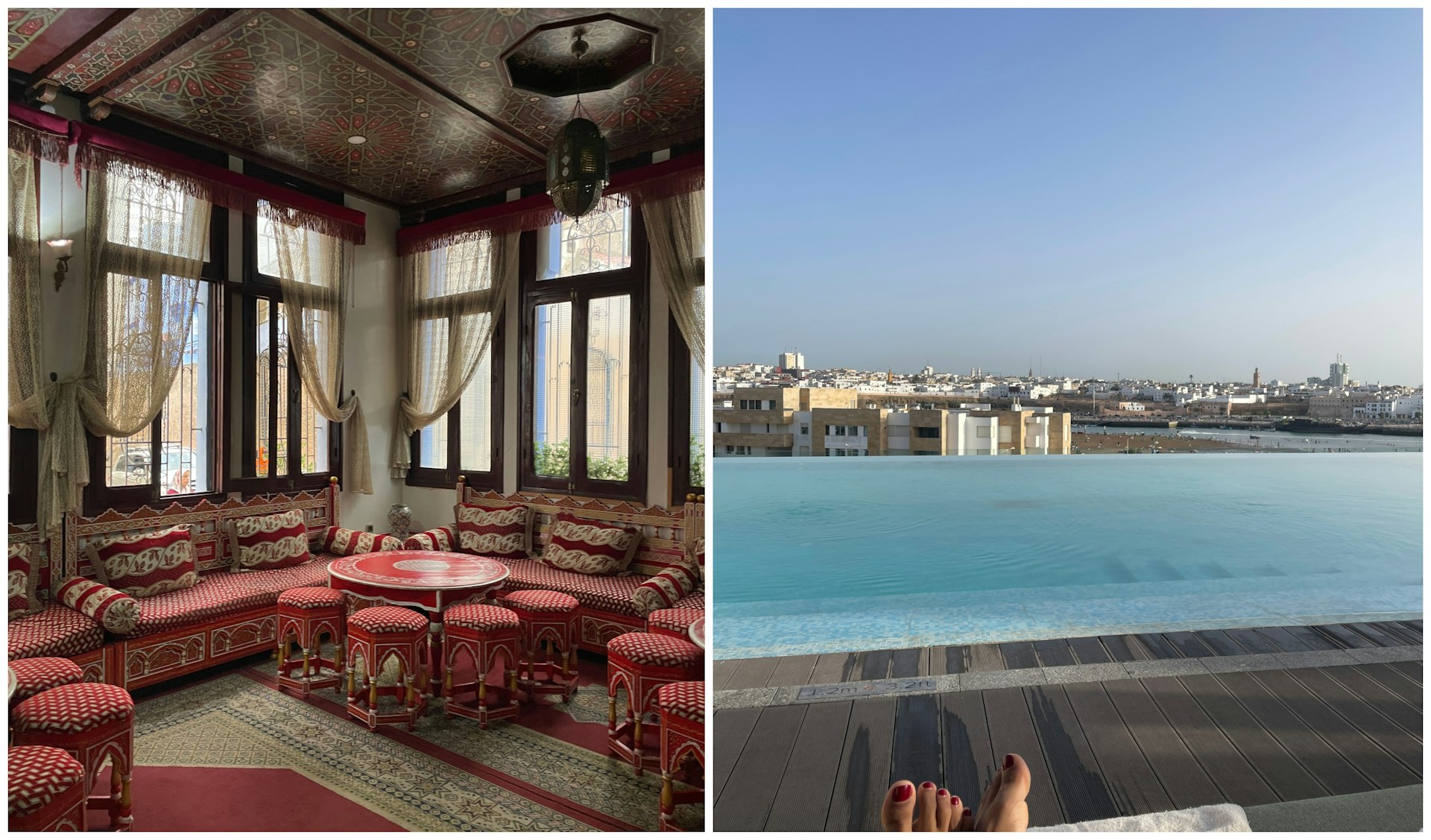 L: The traditionally-styled lounge area of a medina in Morocco. R: Deepa poses by a swimming pool