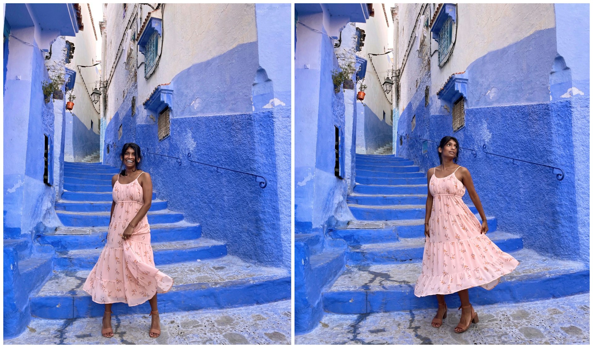 Lonely Planet's Deepa Lakshmin poses in a pink dress against the blue walls of Morocco's Chefchaouen