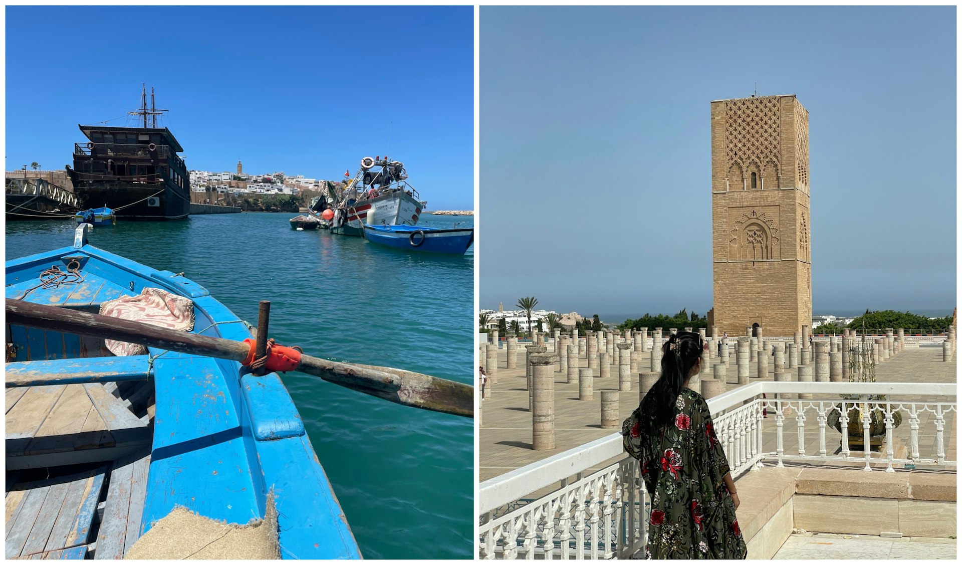 L: Deepa steers a canoe touring Bou Regreg. R: Deepa poses on a terrace of the Hassan Tower in Rabat