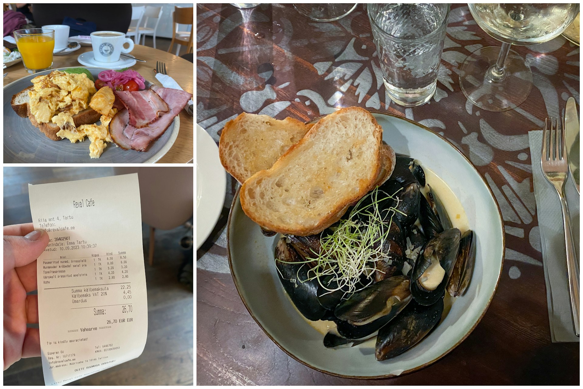 Food in Tartu: a breakfast of eggs and bacon and a dinner of blue mussels in white wine sauce