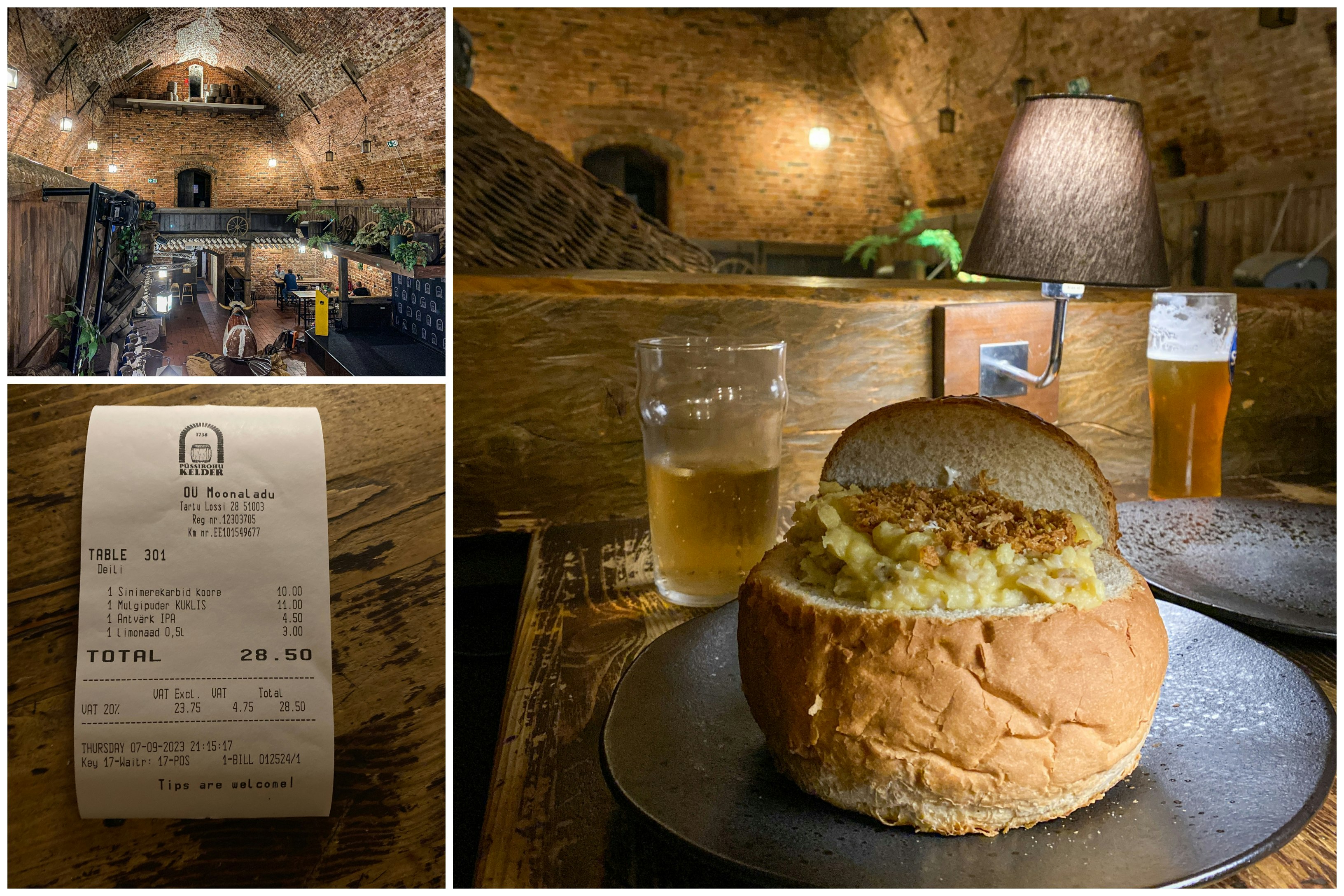 Collage of images from the Gunpowder Cellar of Tartu, including a Mulgipuder, a traditional southern Estonian dish of potatoes, pearl barley and bacon