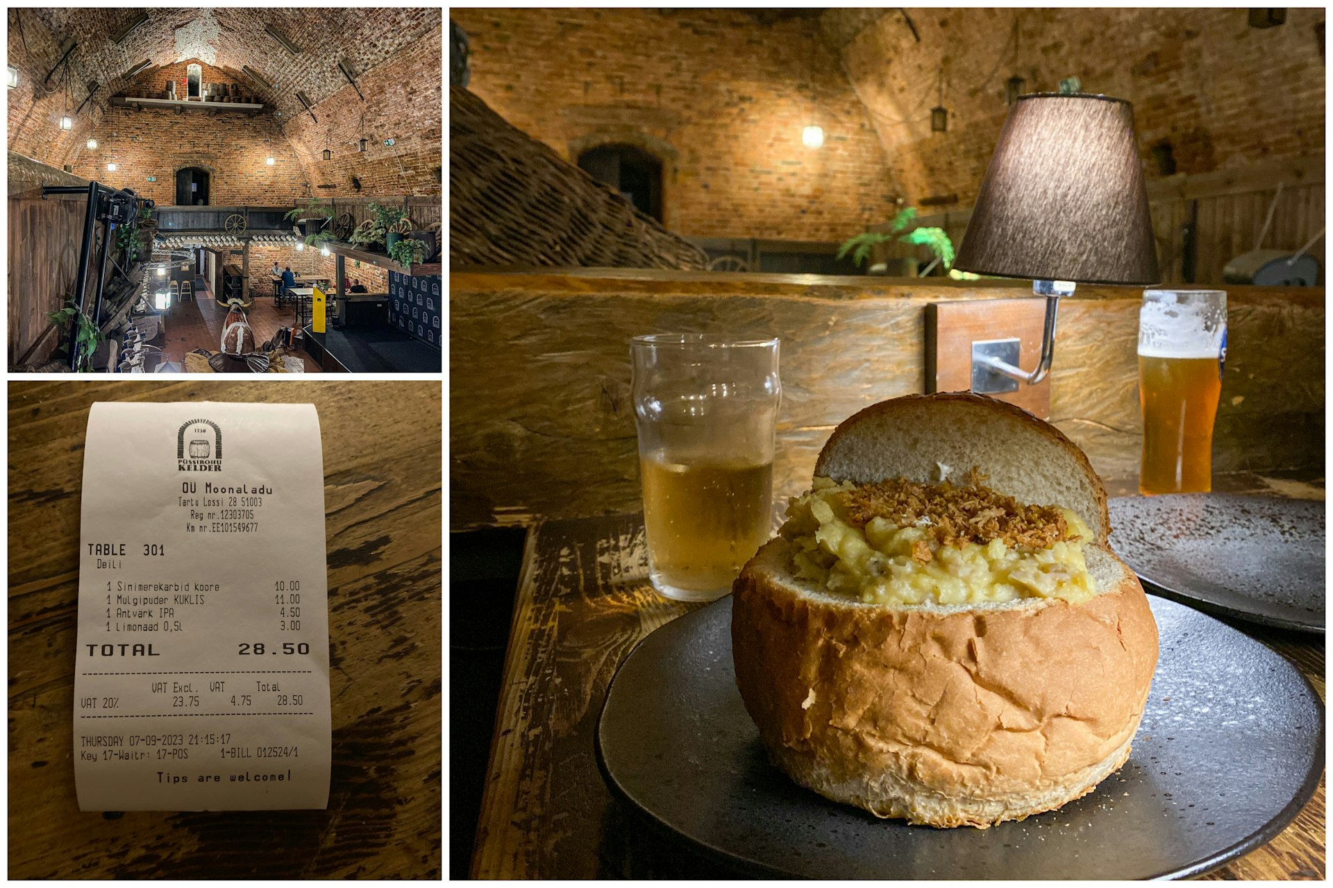 Collage of images from the Gunpowder Cellar of Tartu, including a Mulgipuder, a traditional southern Estonian dish of potatoes, pearl barley and bacon