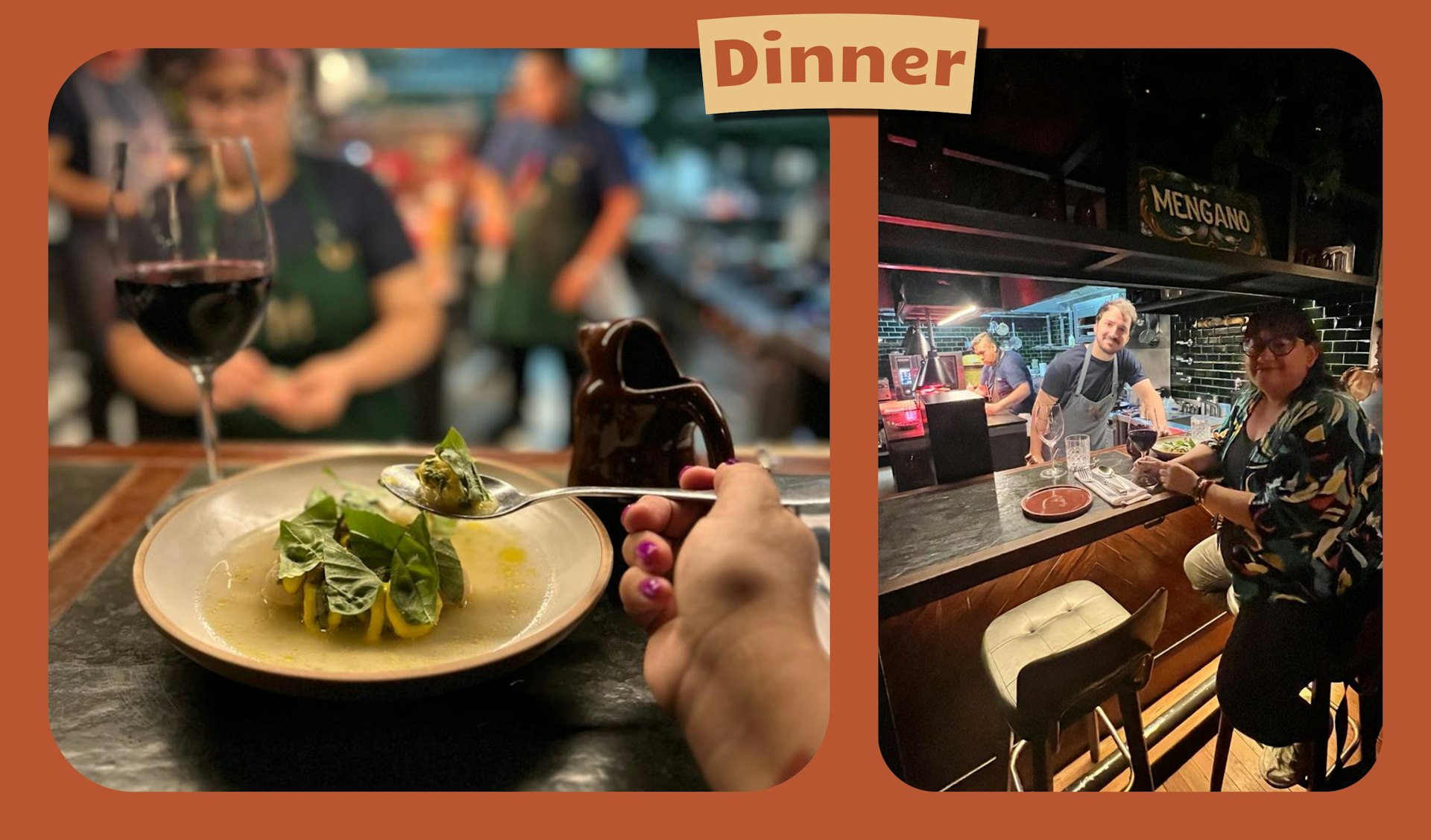 L: A diner tucks into a plate of pasta and a glass of wine in a restaurant. R: A diner poses with a chef