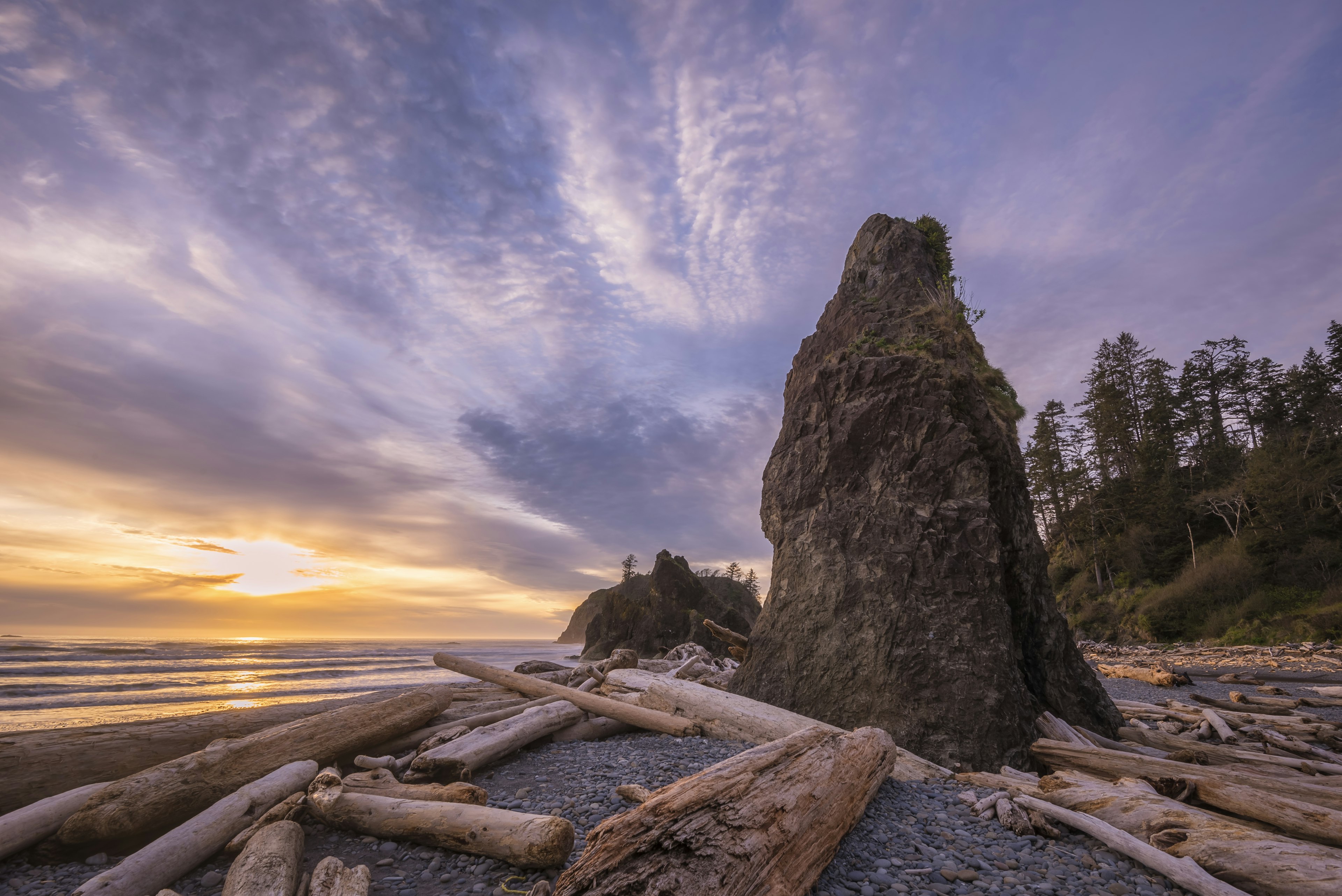 Driftwood, sea stack and sunset at Ruby Beach, Olympic National Park, Washington.