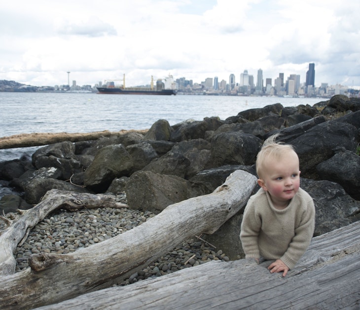 Boy playing on log at Alki Beach with skyline of Seattle in distance.
115700203