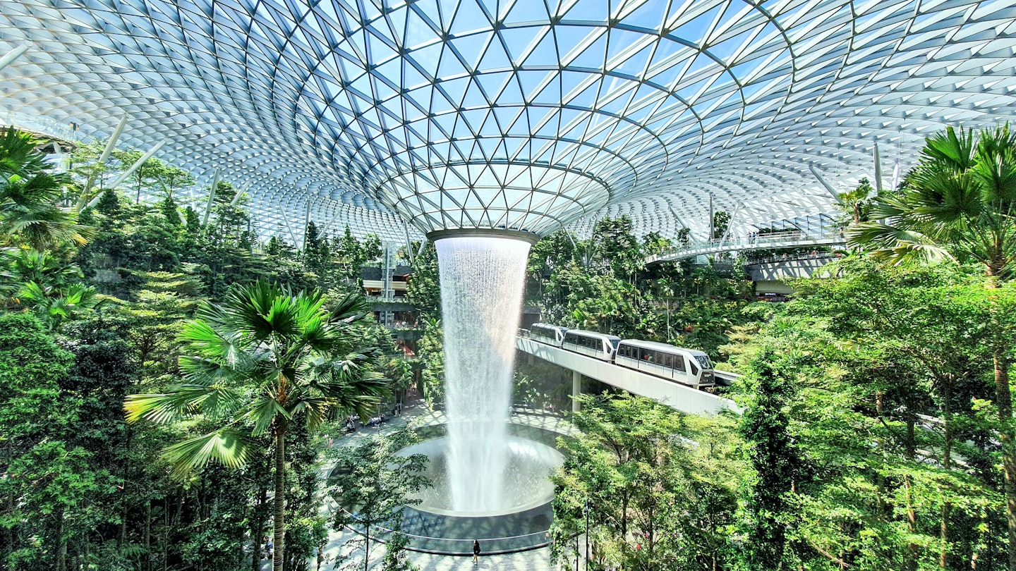 Rain vortex, the world’s tallest indoor waterfall at Jewel Changi Airport (Singapore) - stock photo
The Rain Vortex is an indoor waterfall in Jewel Changi Airport, Singapore, which was opened in April 2019. It is the world's largest indoor waterfall at 40 metres (130 ft) in height and surrounded by a four-storey terraced forest.
© Frans Sellies / Getty
