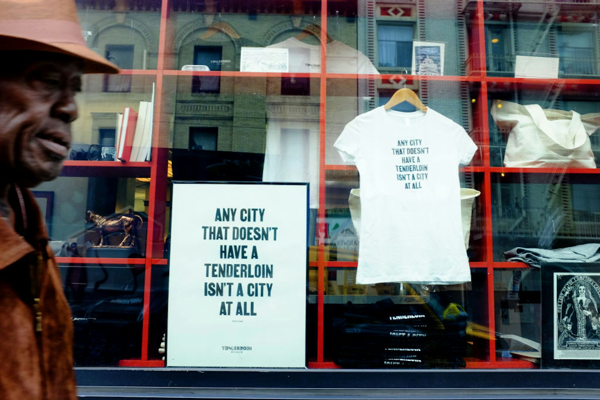 The Tenderloin Museum in San Francisco, California, with t-shirts and posters in the window
