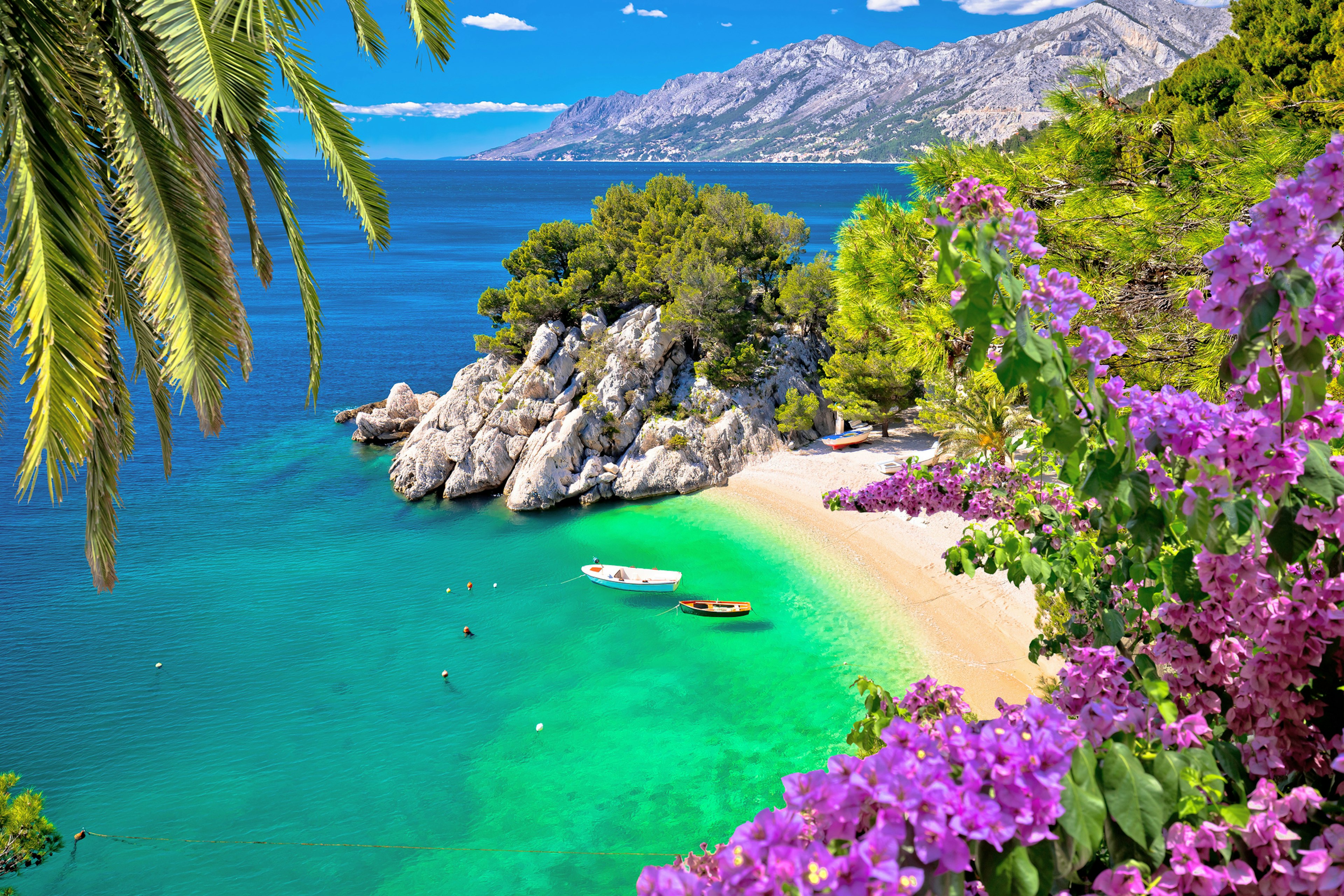 Idyllic beach Punta Rata in Brela aerial view, Makarska riviera of Dalmatia, Croatia