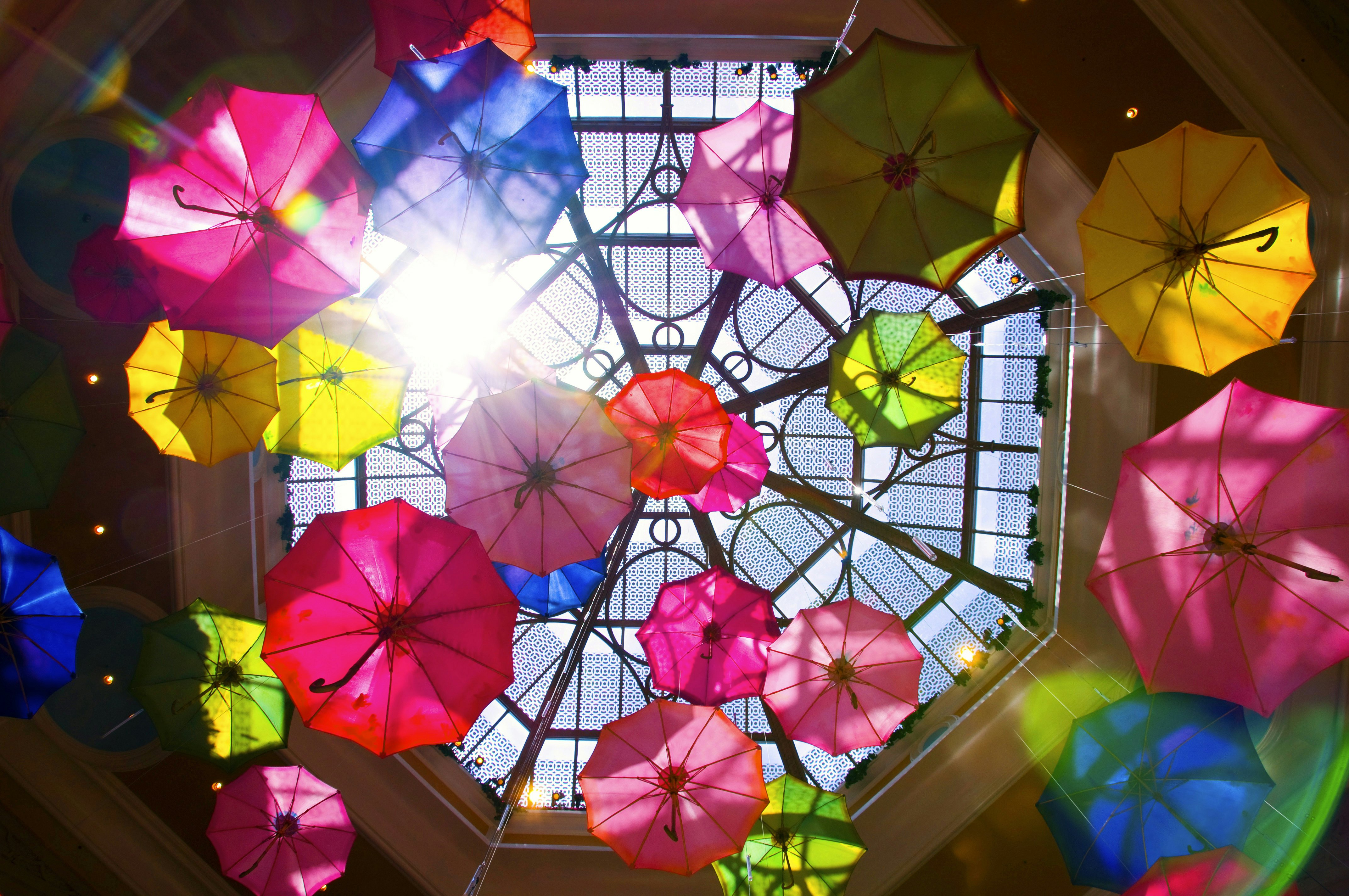 Parasols raining down inside atrium of Palazzo hotel resort in Las Vegas, NV.