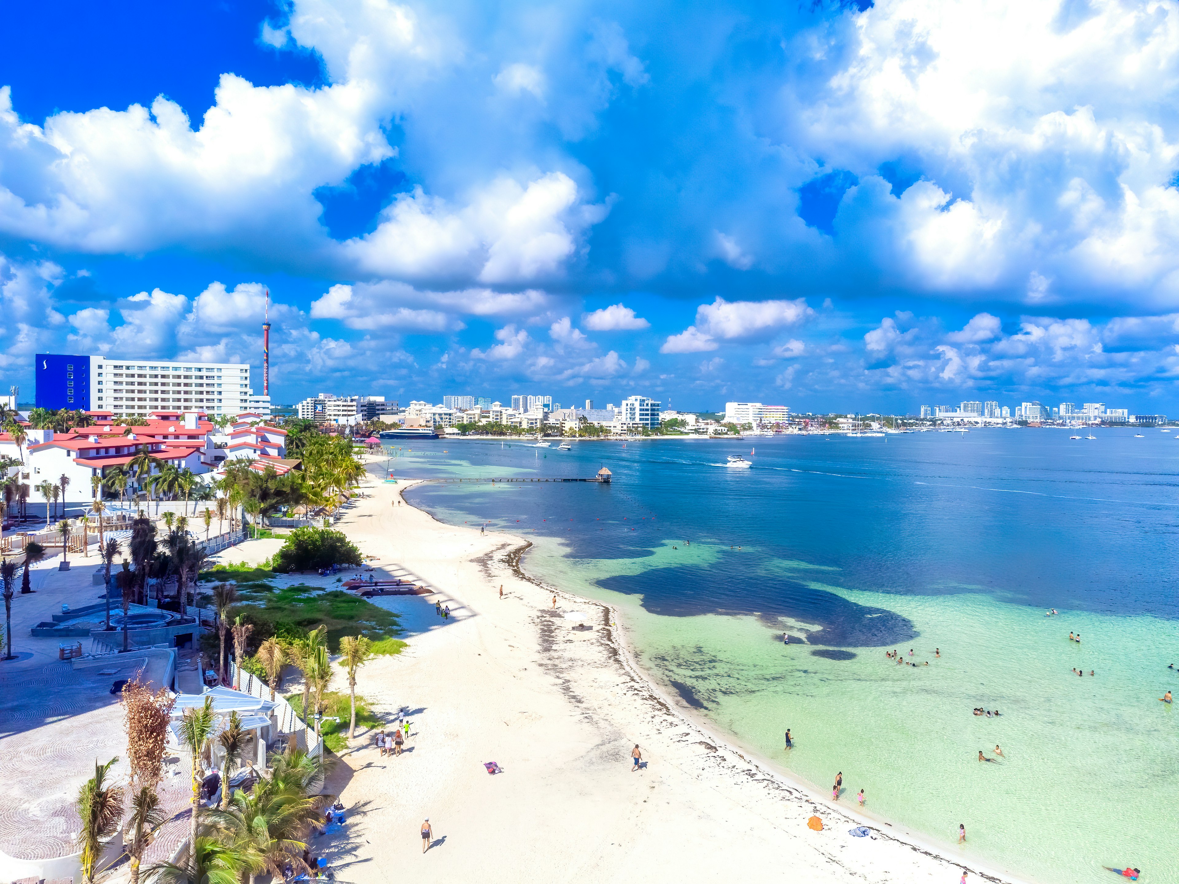 Drone view of Playa Langosta, Cancún, Quintana Roo, Mexico