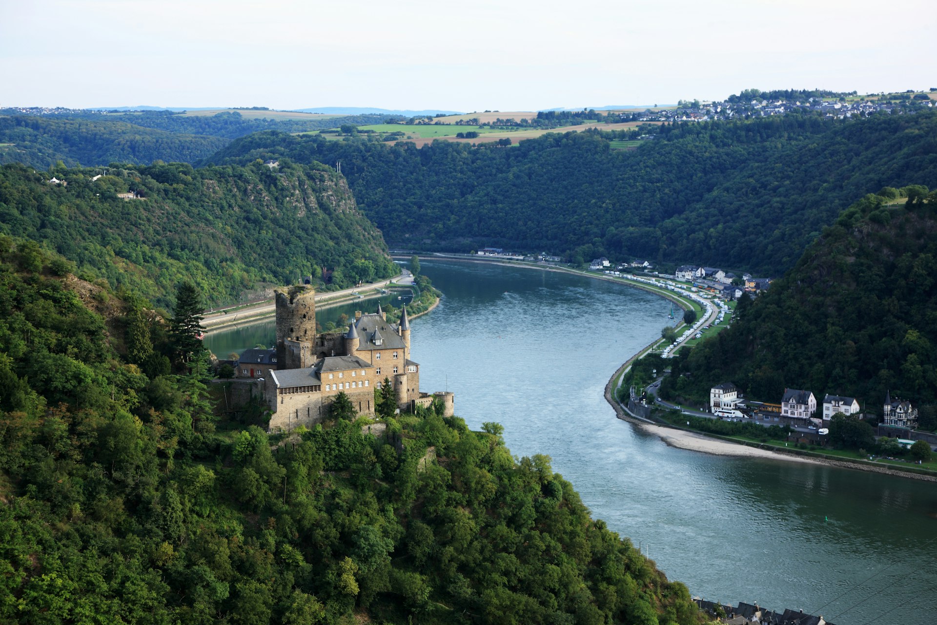 An aerial view of Castle Katz and Loreley, Upper Middle Rhine Valley, Germany